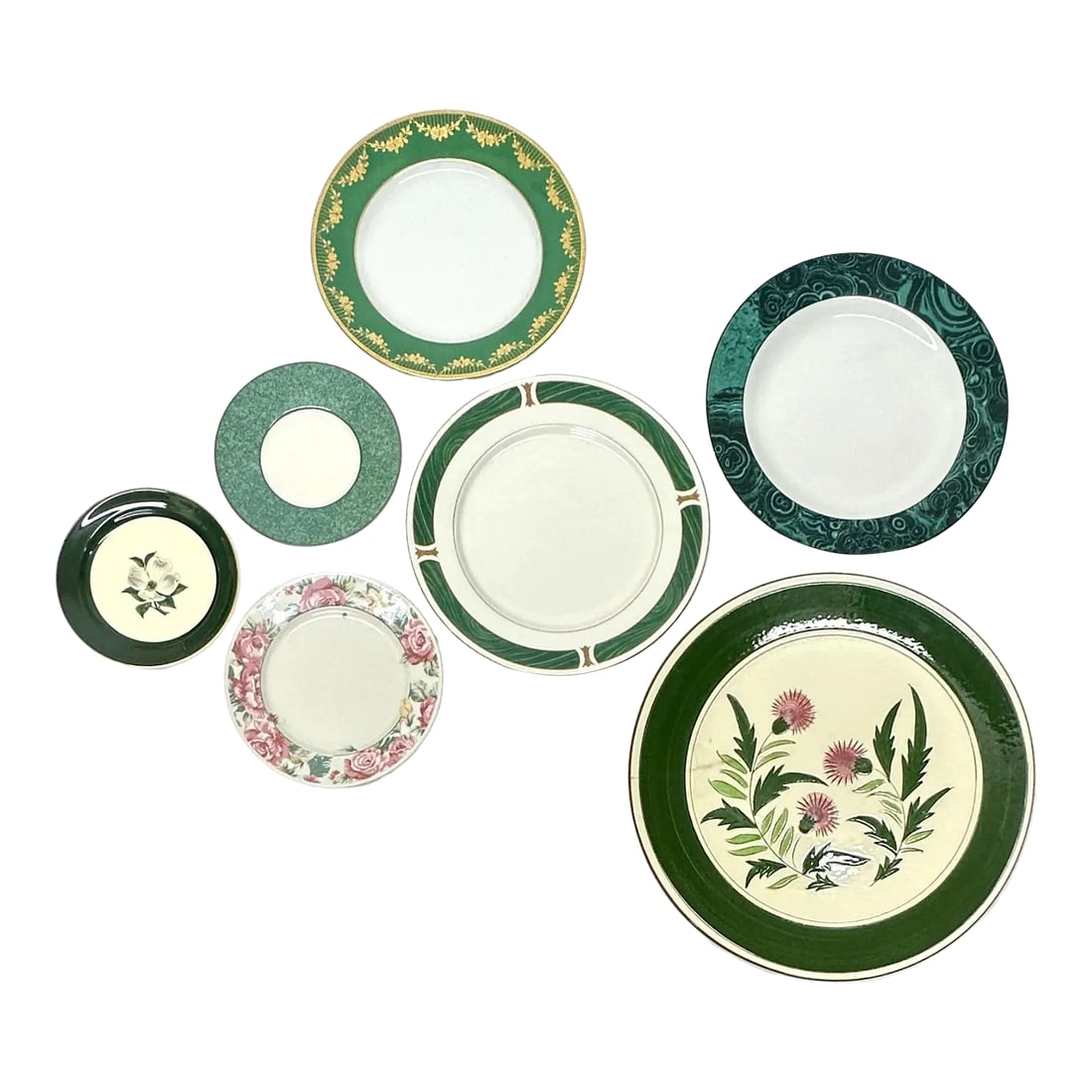 Green & Pink Banded Decorative Wall Plate Curation - Group of 7: Delicate pink, green, and white wall plate curation, group of 7. This is a delicate collection of floral motif decorative plates, in a range of designs and sizes featuring an emerald green, rose