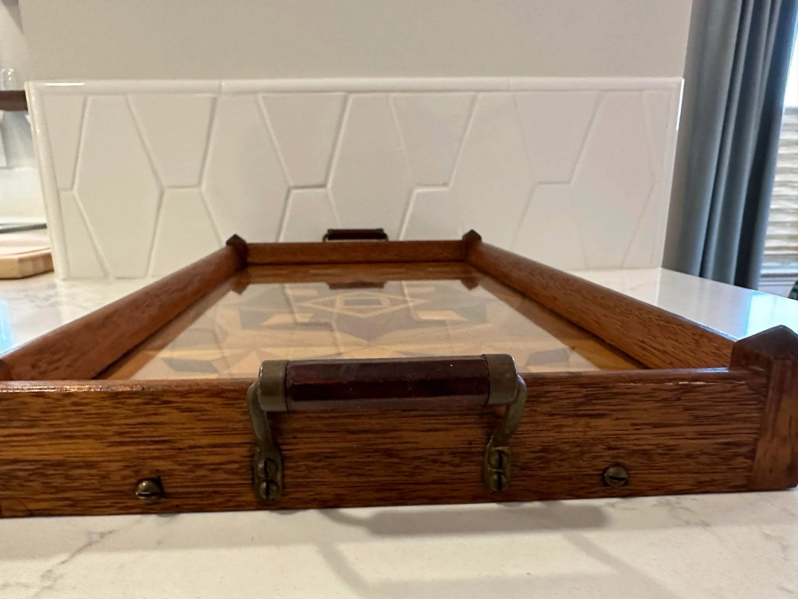 1930's Inlay Tray With Wood Handles and Removable Glass. - 3