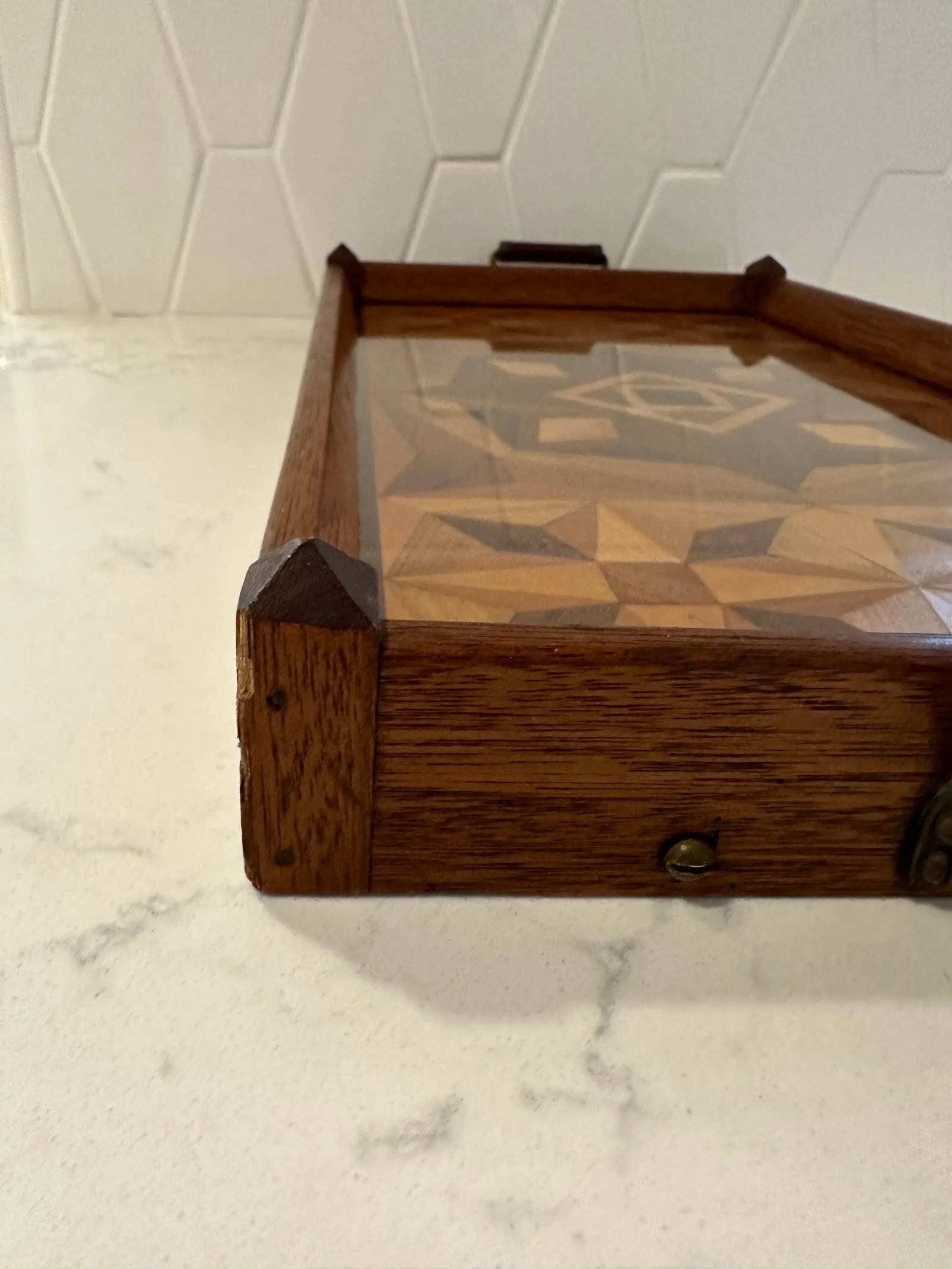 1930's Inlay Tray With Wood Handles and Removable Glass. - 4