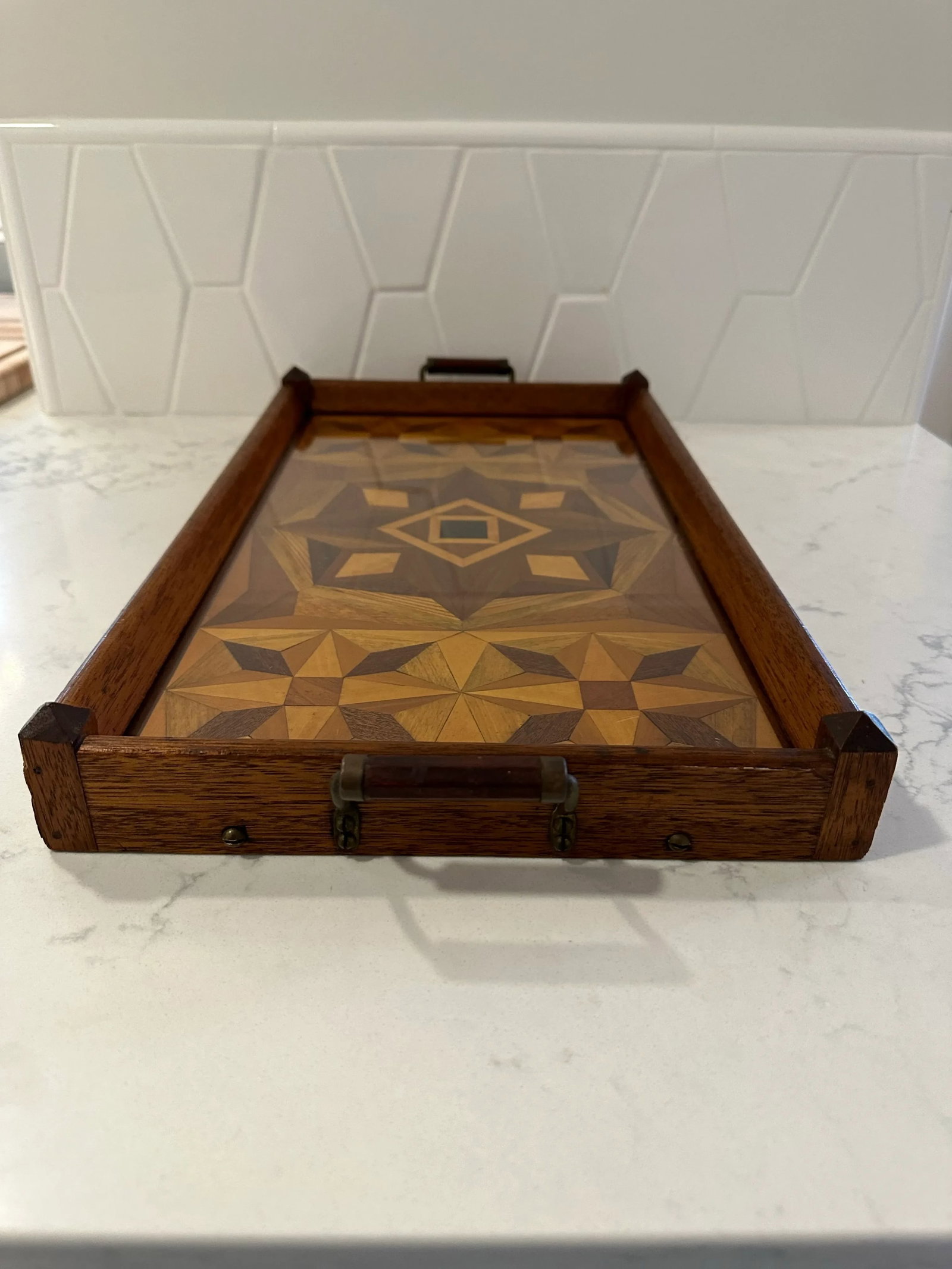 1930's Inlay Tray With Wood Handles and Removable Glass. - 5