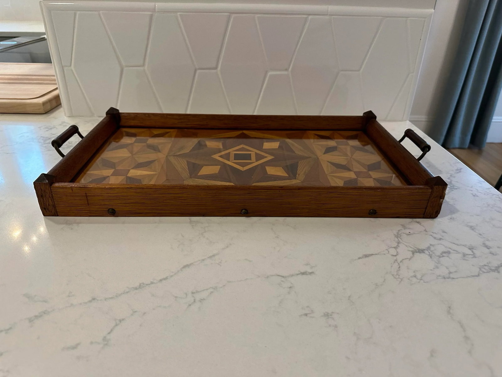 1930's Inlay Tray With Wood Handles and Removable Glass. - 8