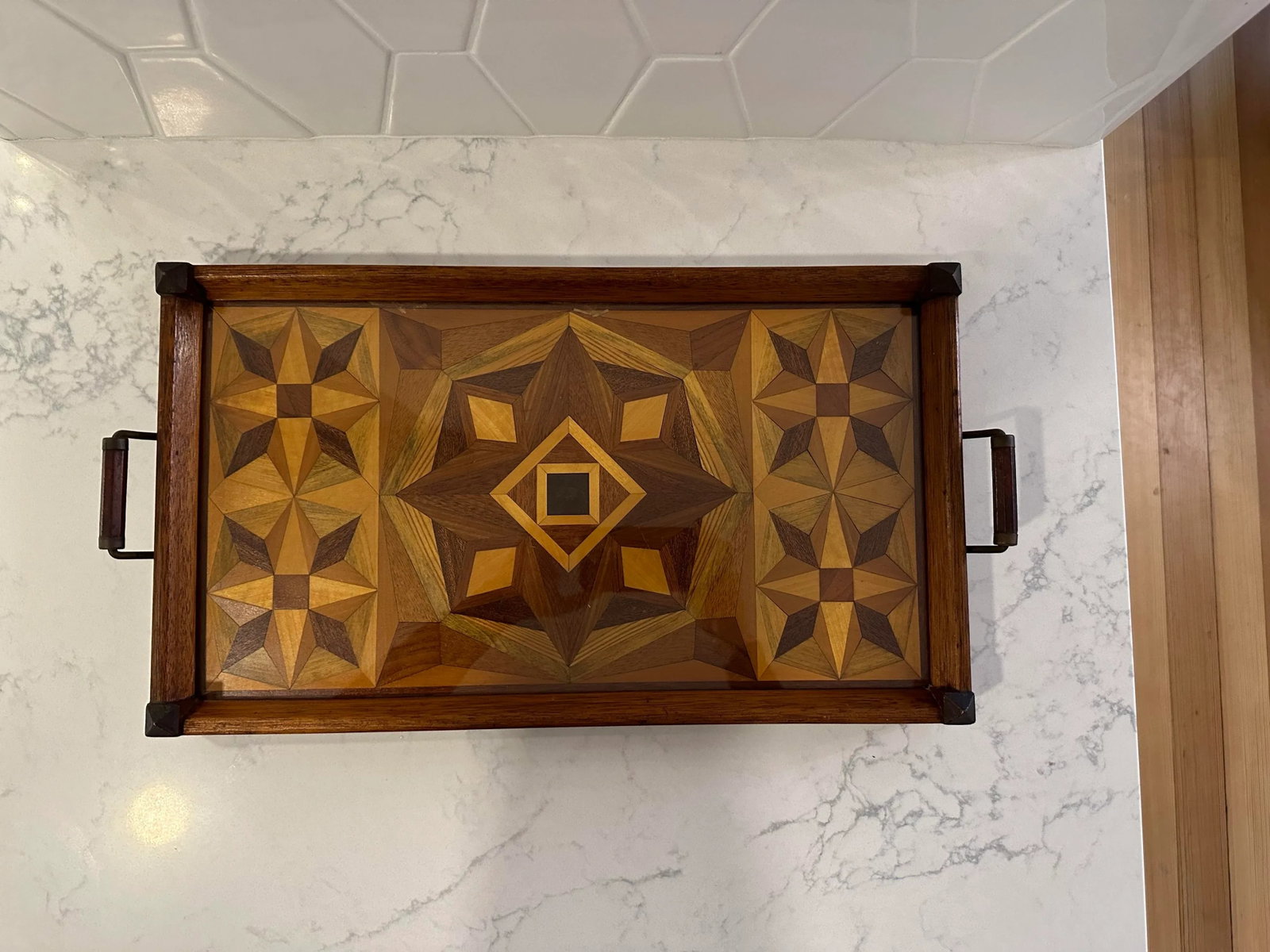 1930's Inlay Tray With Wood Handles and Removable Glass. - 9