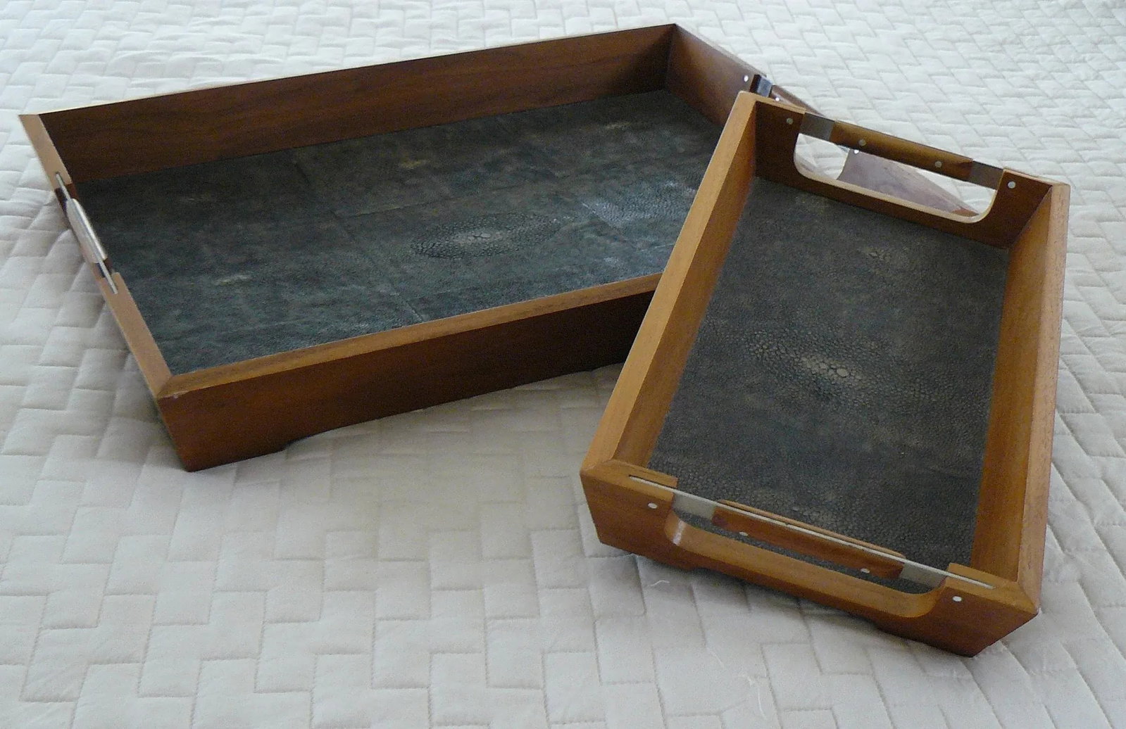 Wildwood Faux Shagreen and Wood Trays - a Pair - 11