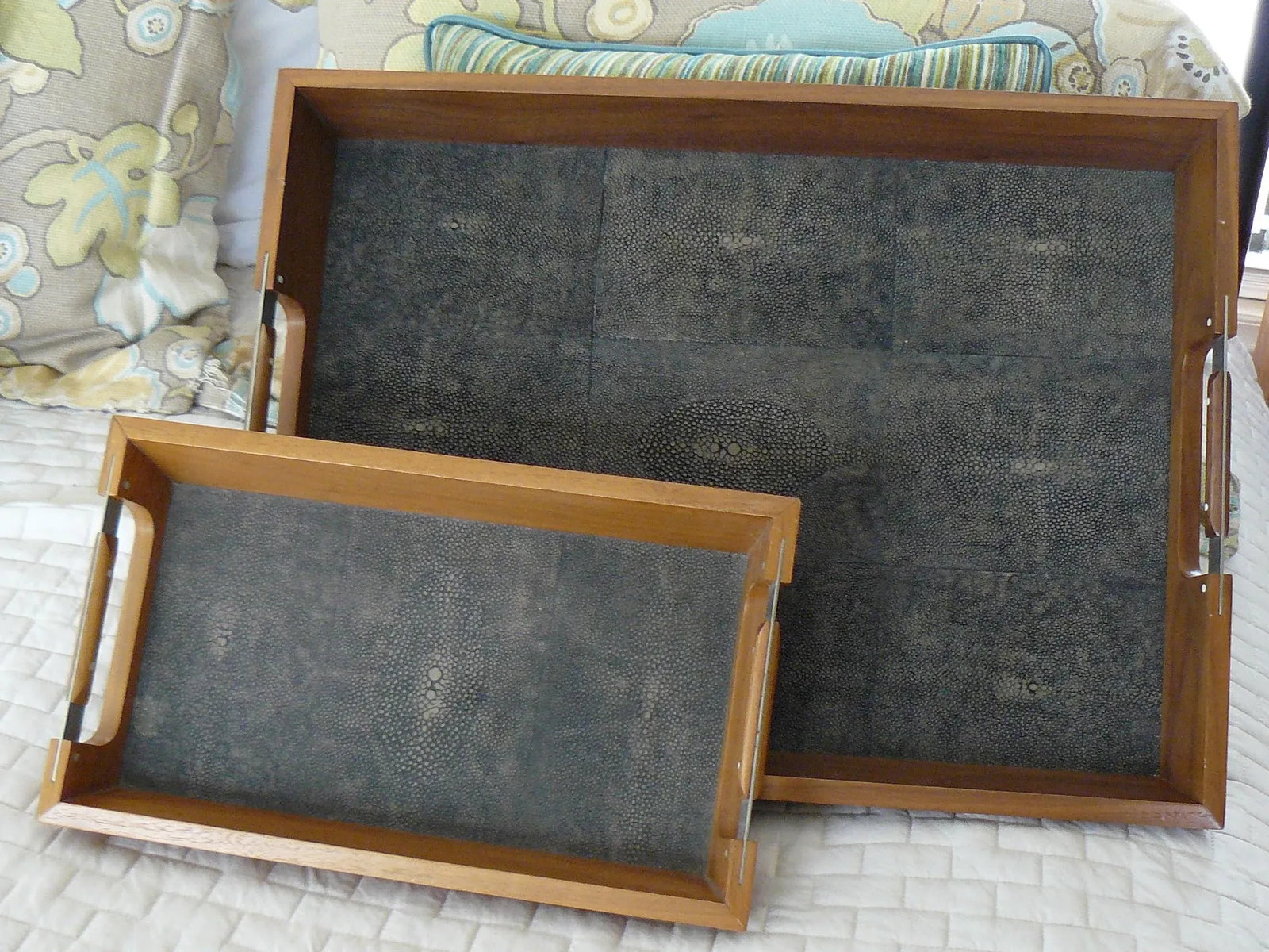Wildwood Faux Shagreen and Wood Trays - a Pair - 12