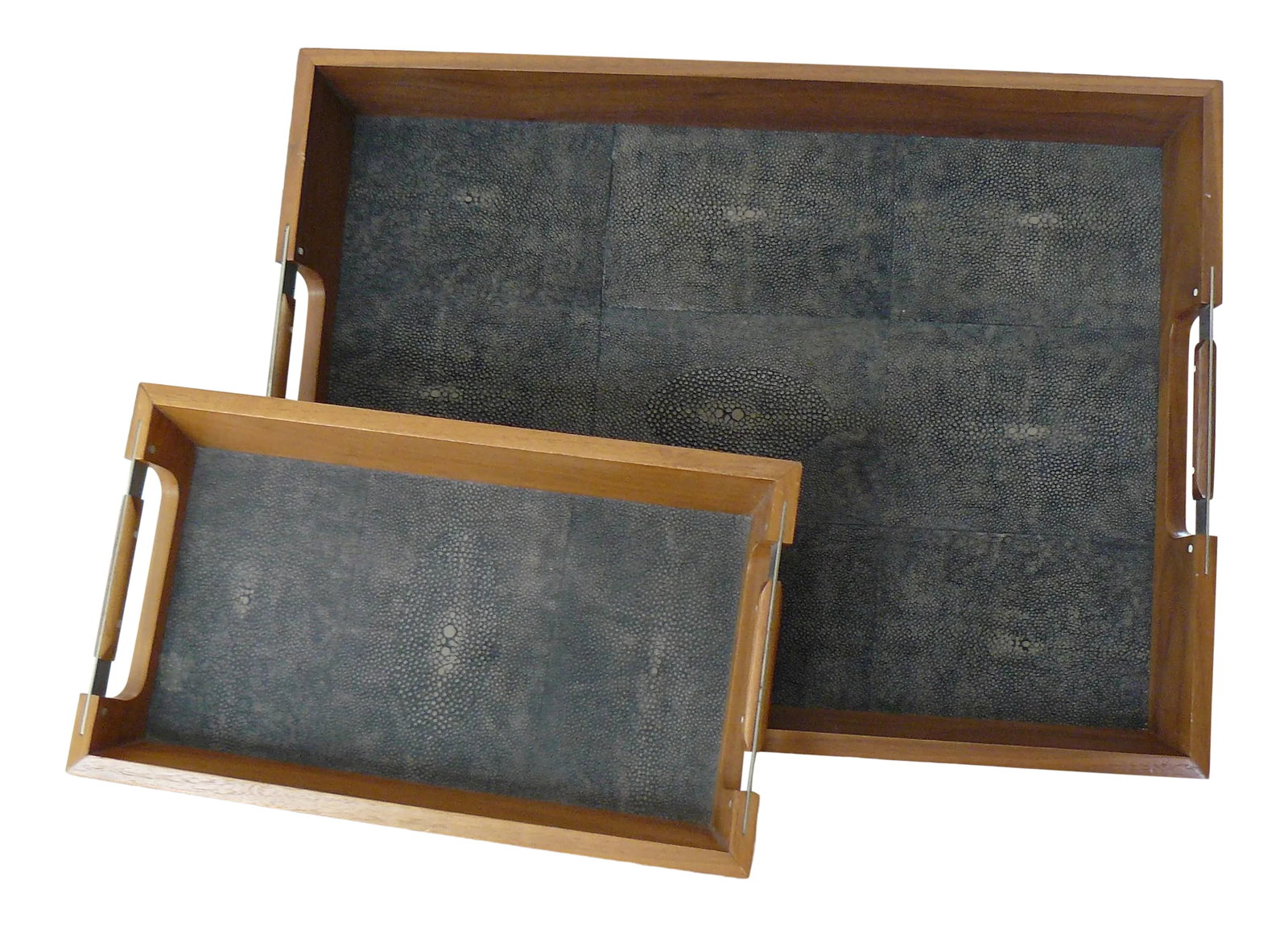 Wildwood Faux Shagreen and Wood Trays - a Pair: Beautiful pair of faux shagreen serving trays with wooden sides and wood/metal handles. The natural wood tones are complimented by the brown and cream/gray distinctive marking of the stingray. Each