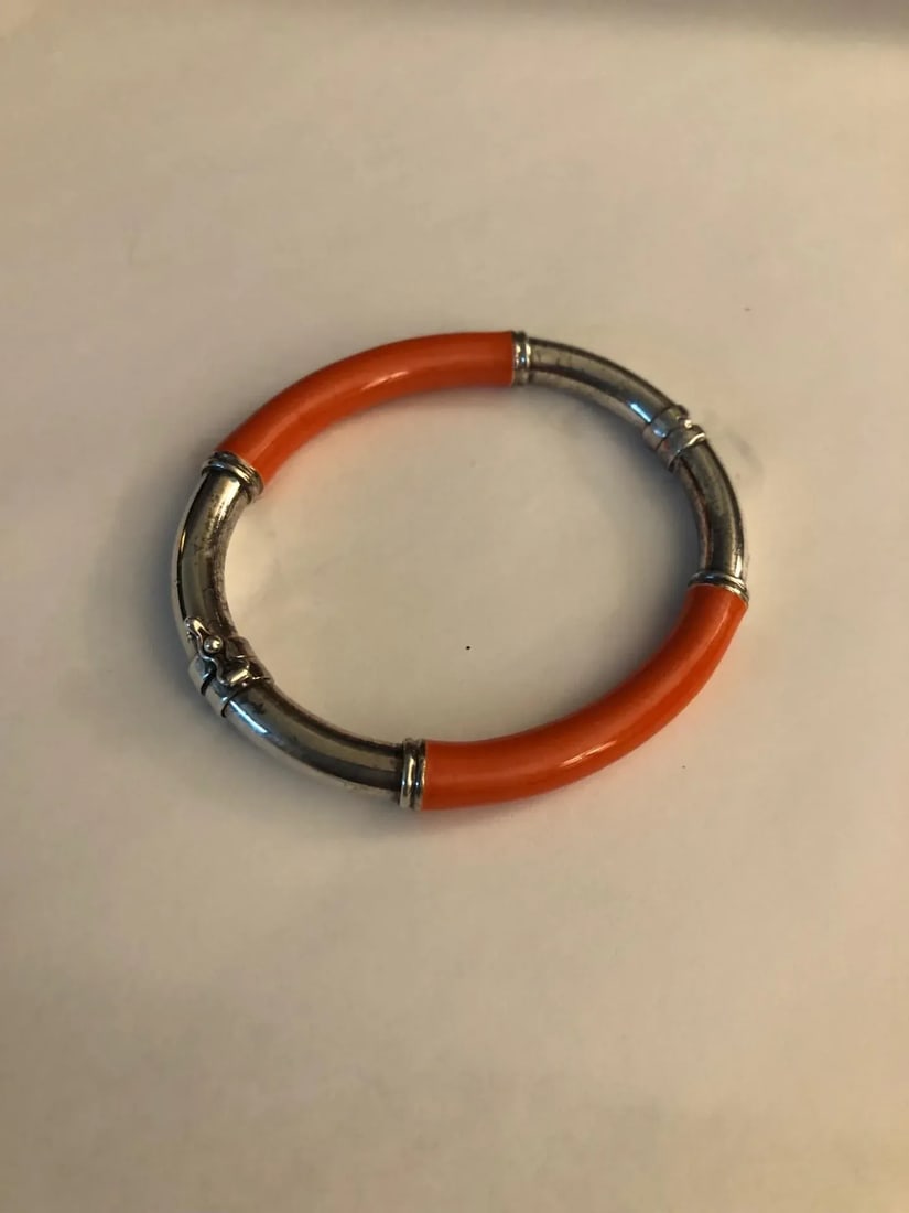 Vintage Milor Italian Orange Enamel Sterling Silver Hinged Bangle Bracelet - 5