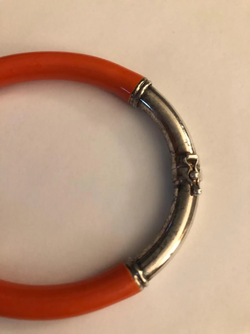 Vintage Milor Italian Orange Enamel Sterling Silver Hinged Bangle Bracelet - 6
