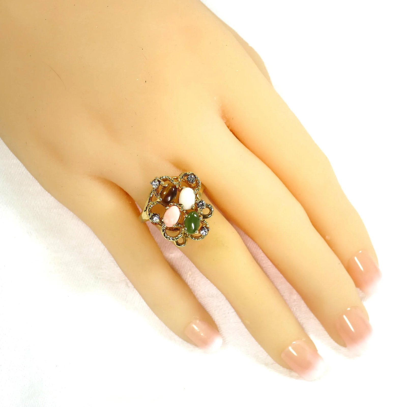 Vintage 1970s Cocktail Ring, Jade Opal Coral - 2