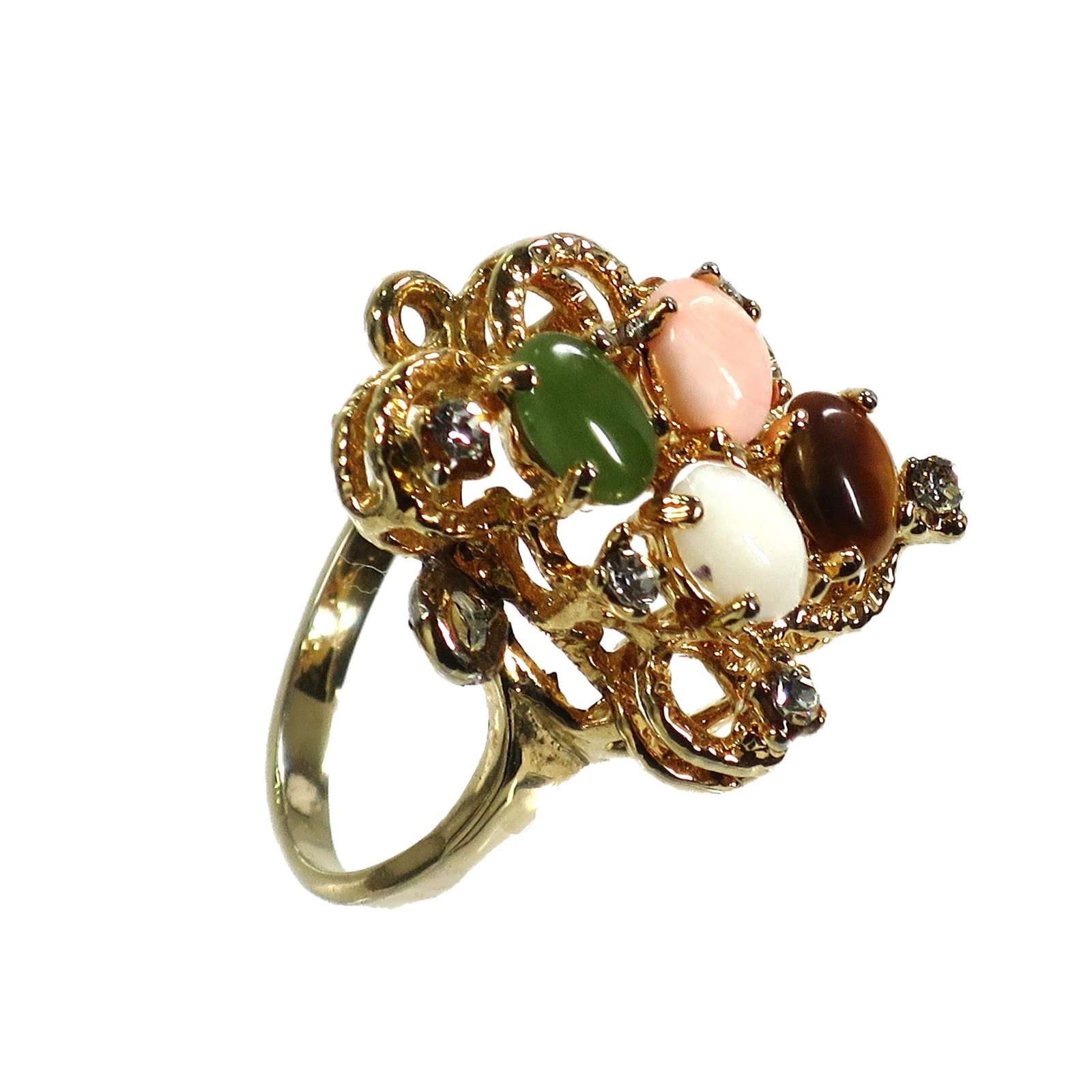 Vintage 1970s Cocktail Ring, Jade Opal Coral - 3