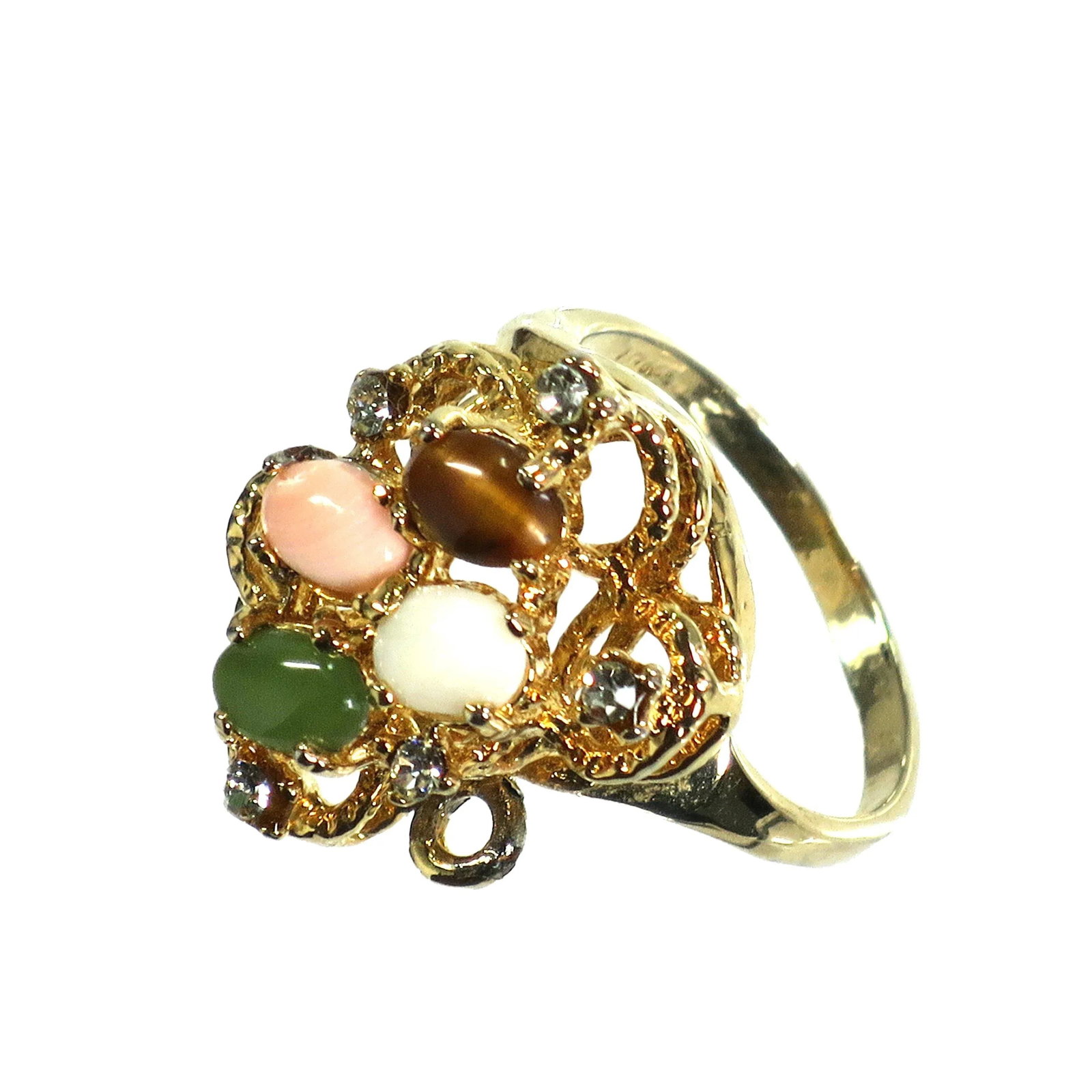 Vintage 1970s Cocktail Ring, Jade Opal Coral - 4