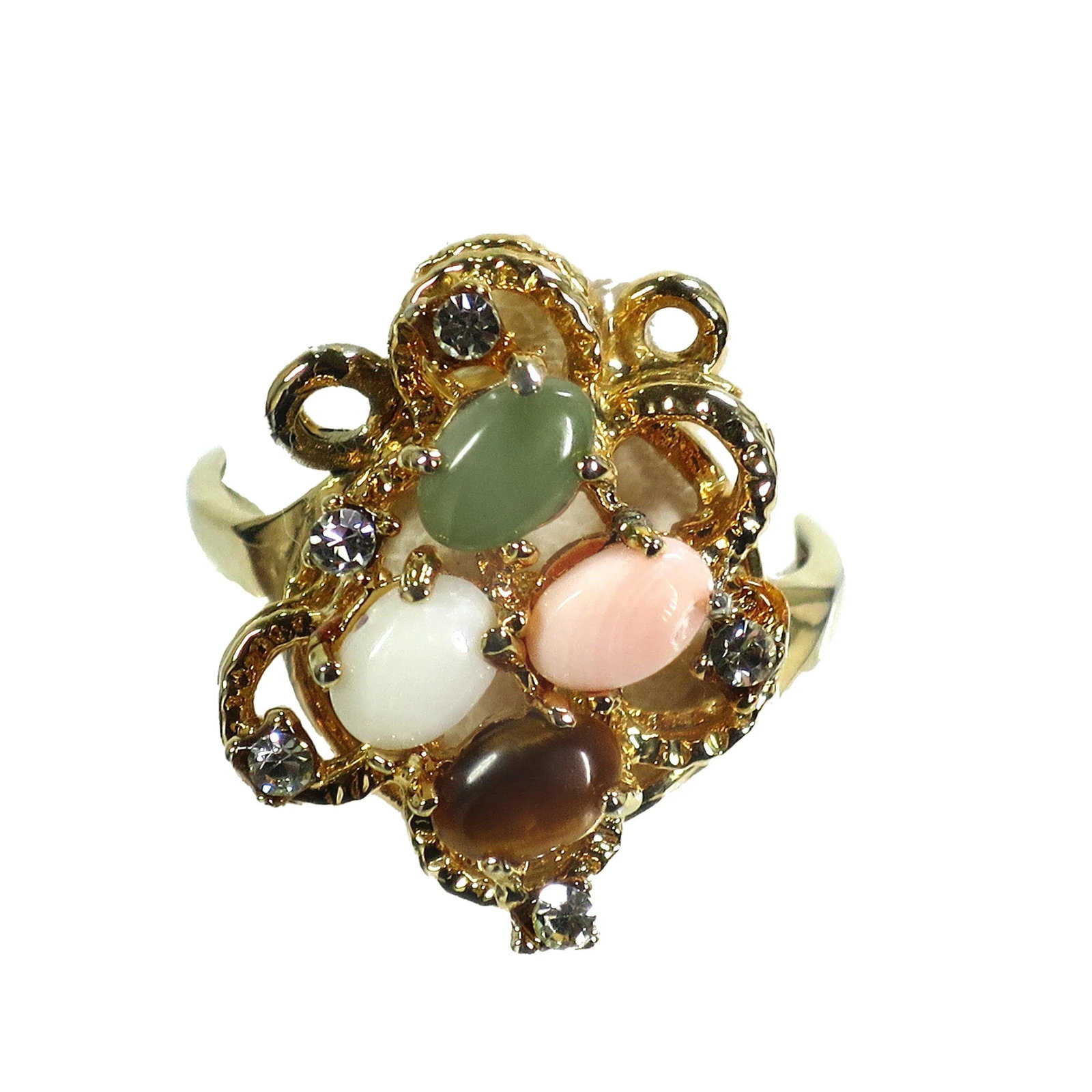 Vintage 1970s Cocktail Ring, Jade Opal Coral - 5