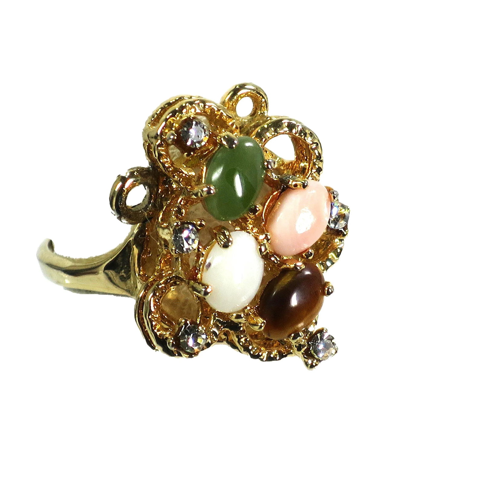 Vintage 1970s Cocktail Ring, Jade Opal Coral - 6