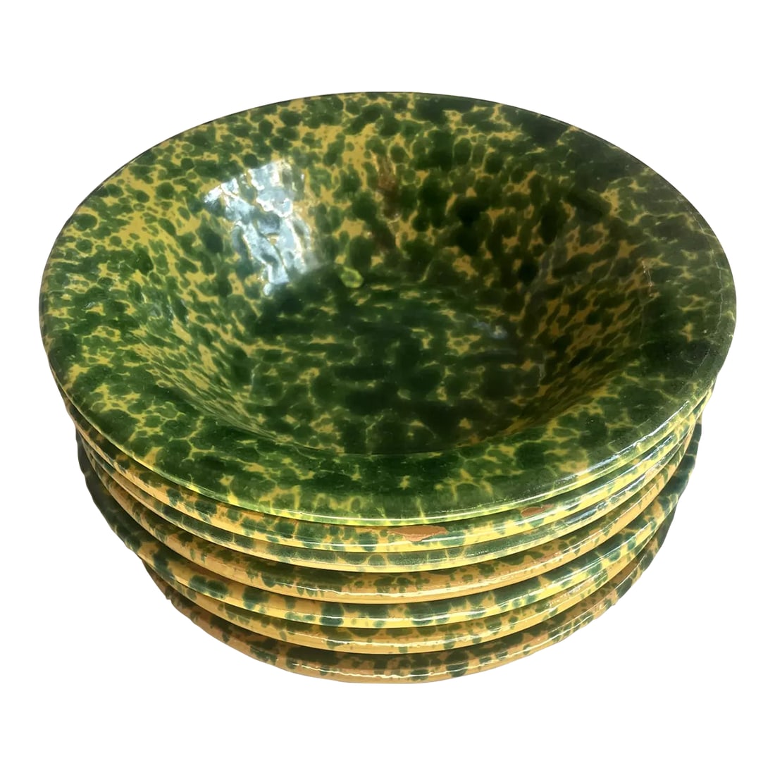 Antique Splatterware Soup Bowls- Set of 10: Splatterware (Spode). Circa: 1800-1850 Glaze was splattered or sponged on. A small piece of rubber was put on the bottom on each plate, creating small dots (seen here) that verify the authenticity of