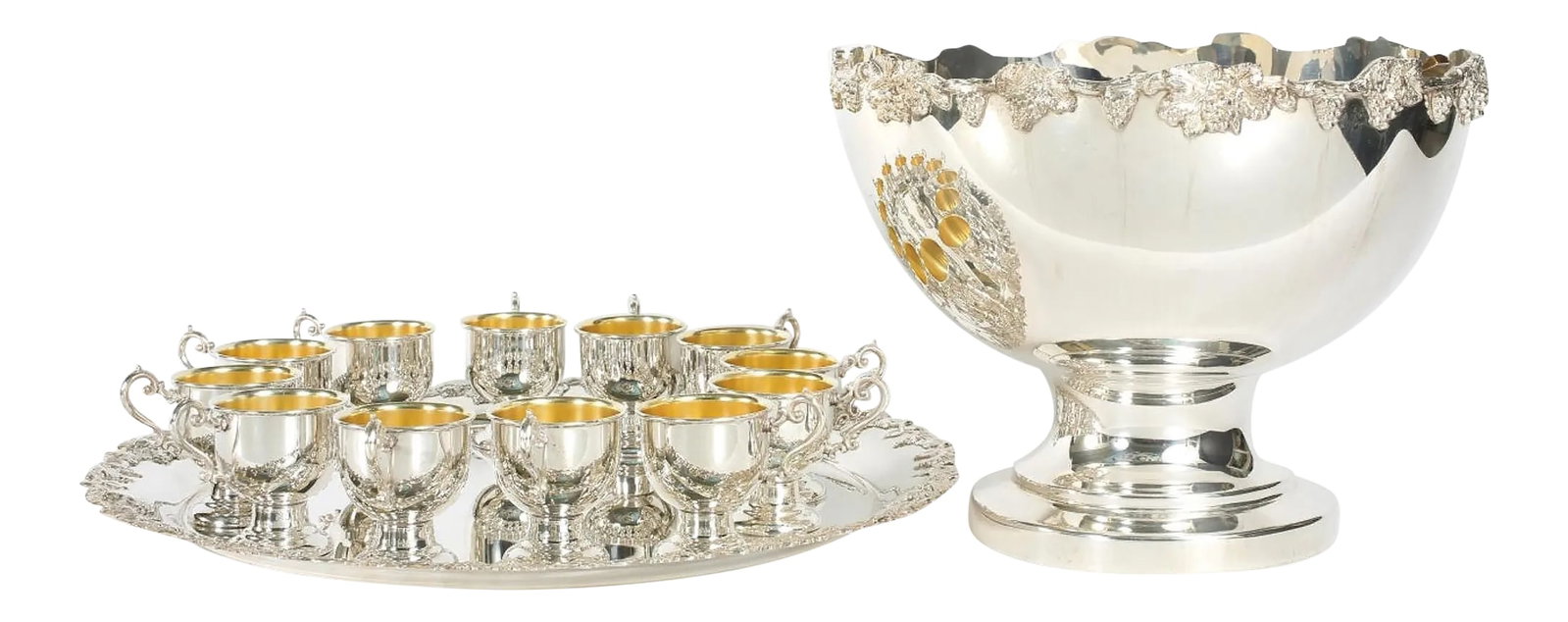 English Georgian Style Silver Plated Copper Punch Bowl Service - Set of 15: English Georgian style silver plated or copper fifteen piece punch bowl service, complete with twelve decorative cups with gold wash interior and sterling ladle. The bowl with round holding serving tr
