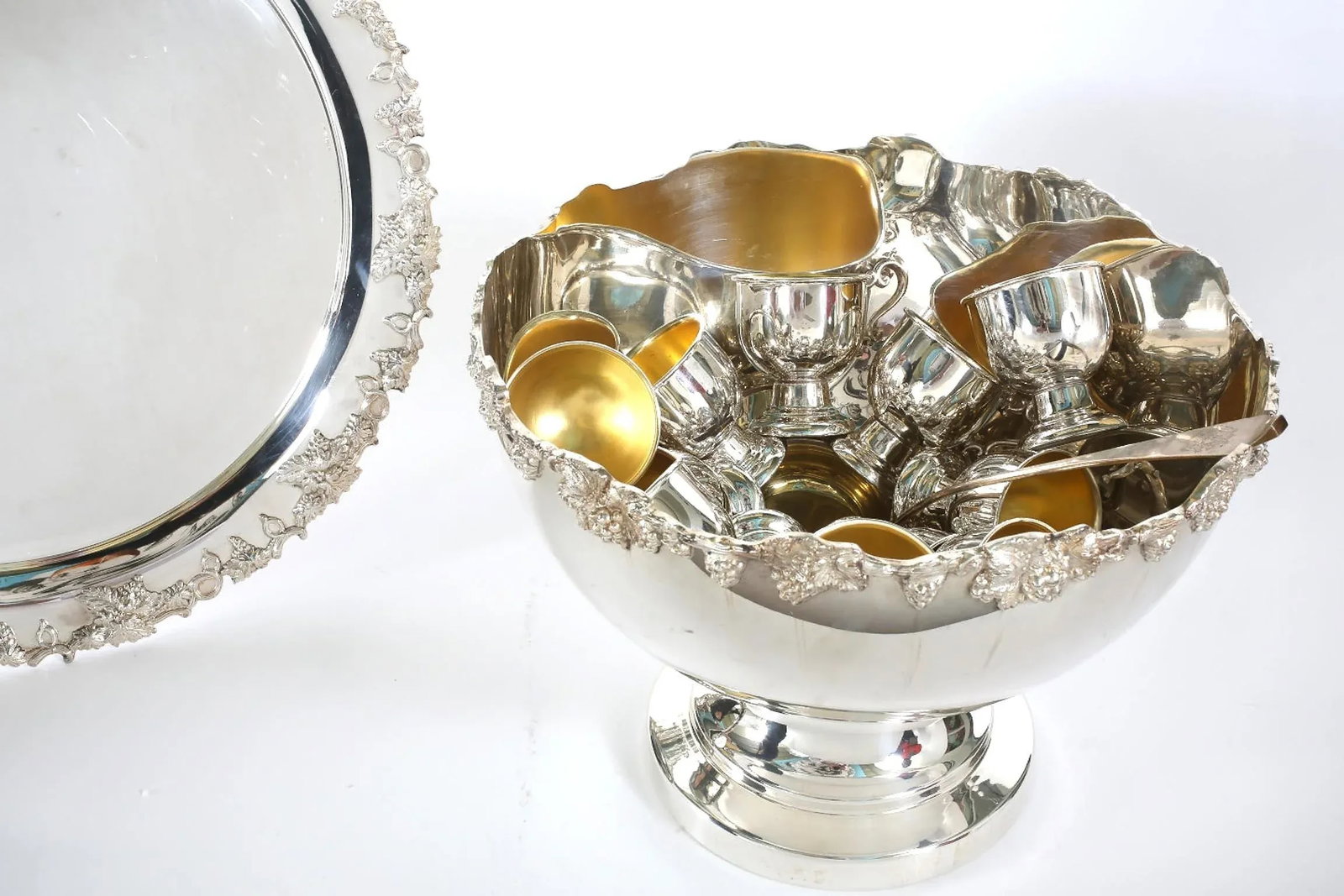 English Georgian Style Silver Plated Copper Punch Bowl Service - Set of 15 - 7