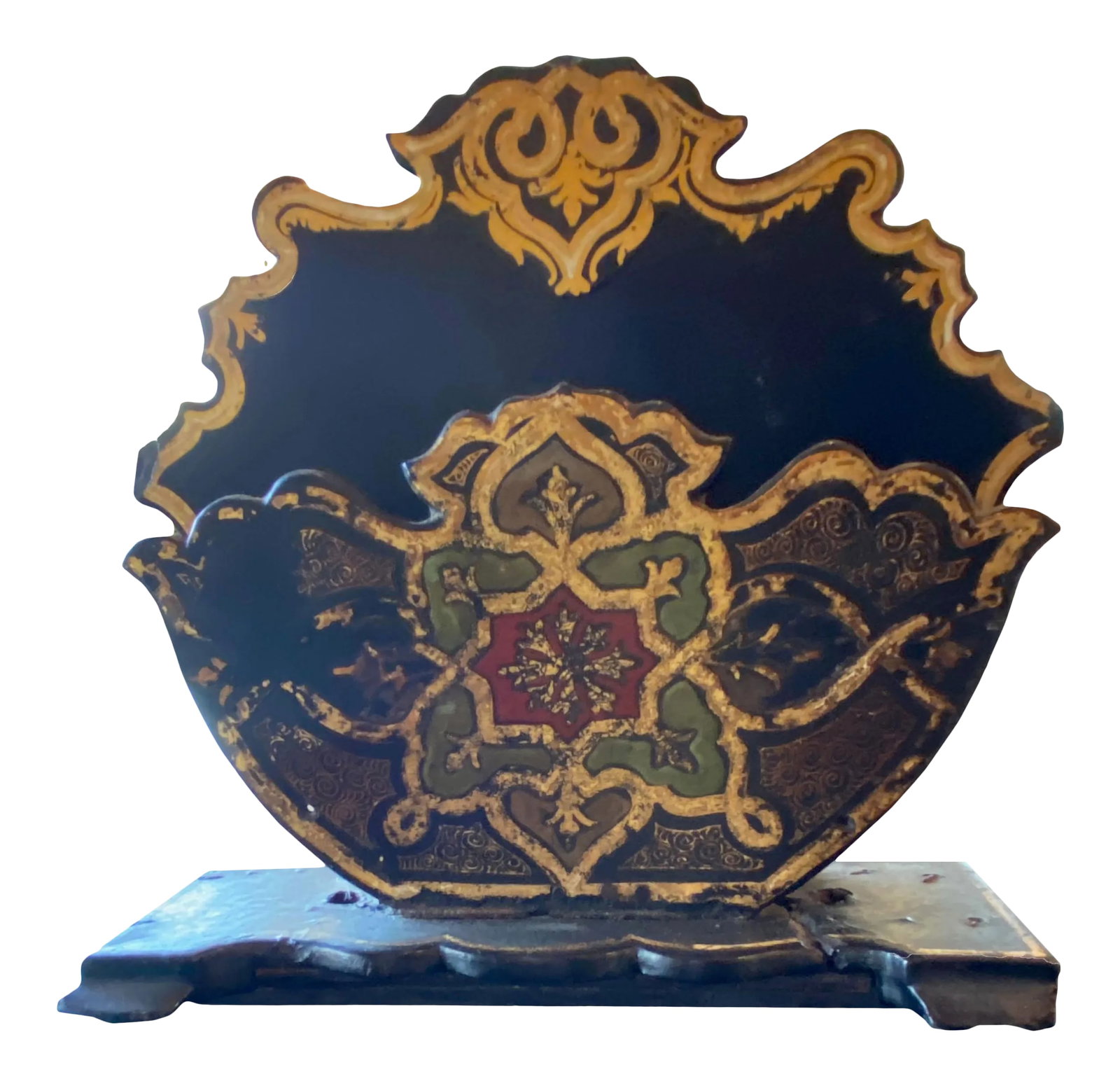 Antique Black Paper Mache Letter Holder: Antique black paper mache letter holder with green, red and gilt. Condition: Alterations: Original Condition Unaltered Imperfections: Some Imperfections Condition Notes: Excellent condition with wear