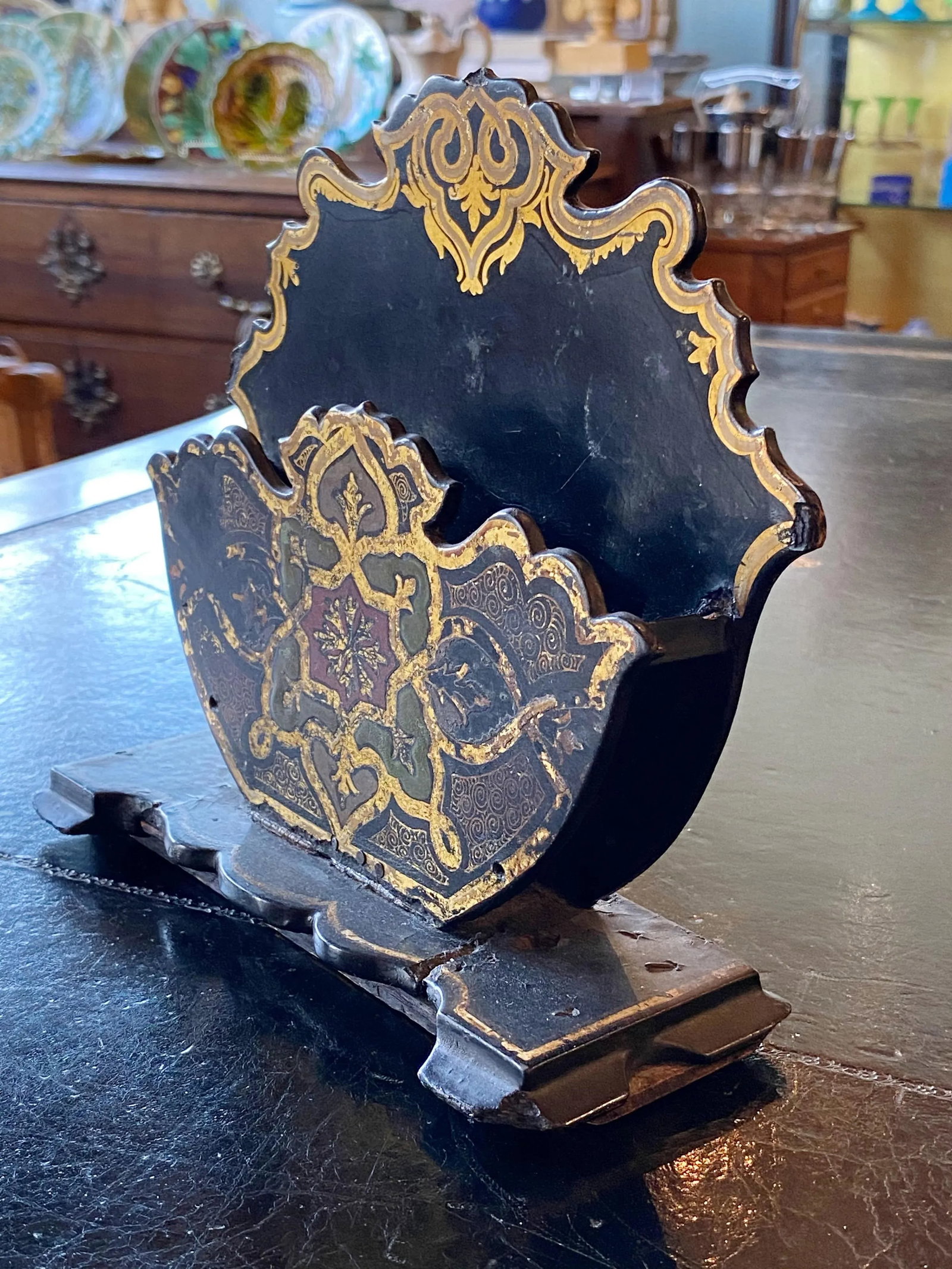 Antique Black Paper Mache Letter Holder - 2
