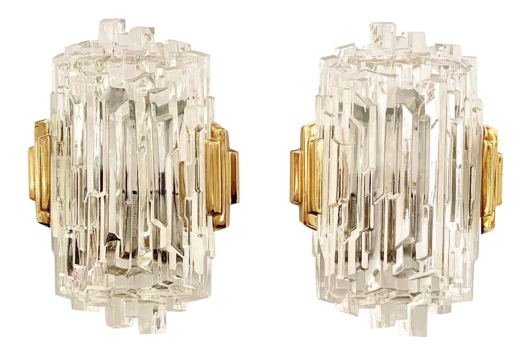 1970s French Ice Crystal Wall Lights - a Pair: A wonderful pair of 1970s ice crystal wall lights with polished brass frames. Newly rewired. Condition: Alterations: Restored Imperfections: Some Imperfections Condition Notes: Wear consistent with ag