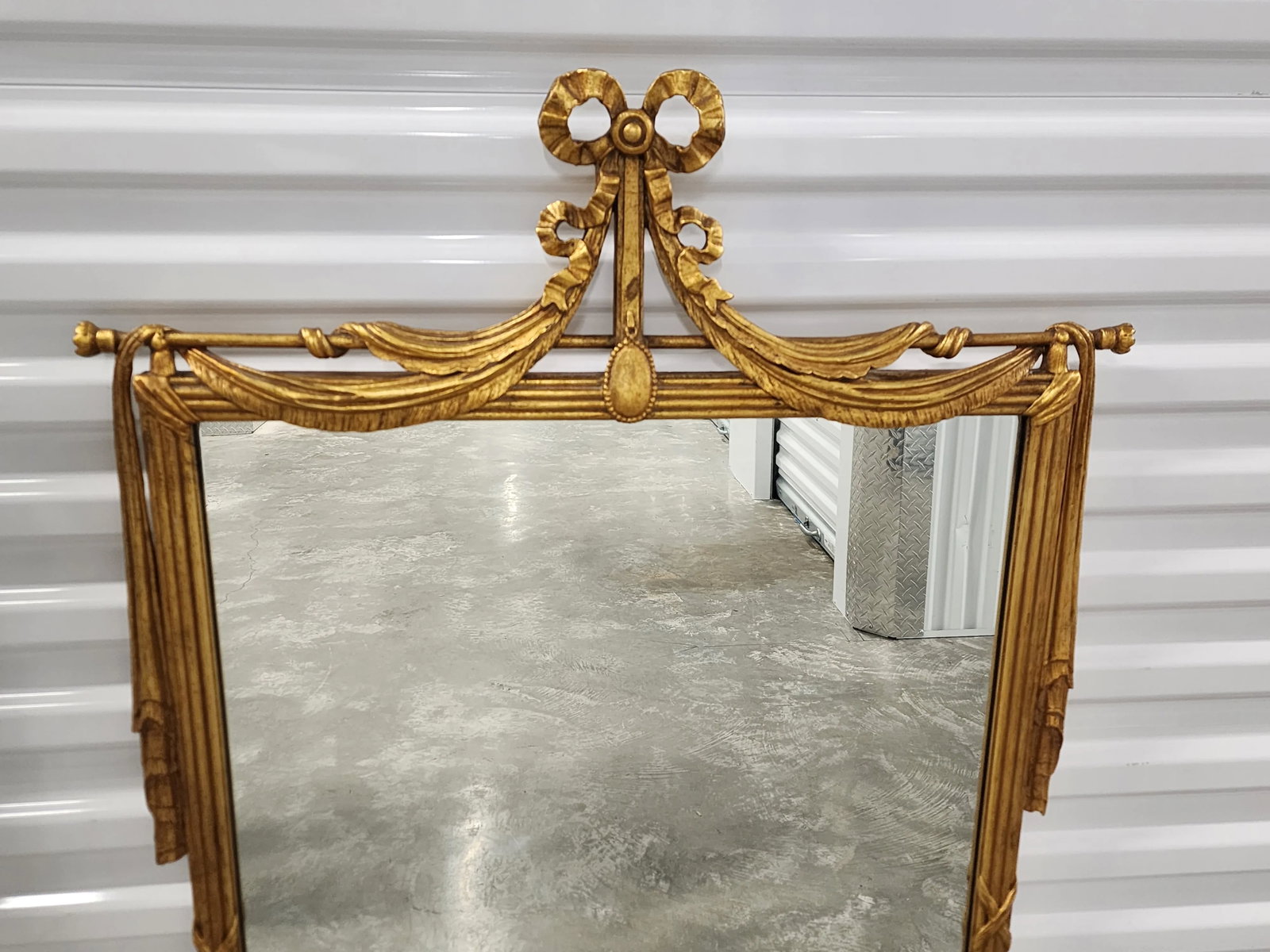 Antique French Giltwood Mirror With Curtains and Bow - 4