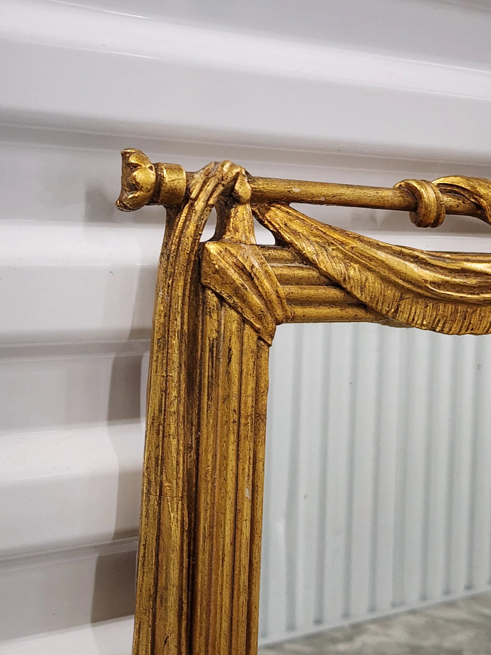 Antique French Giltwood Mirror With Curtains and Bow - 7