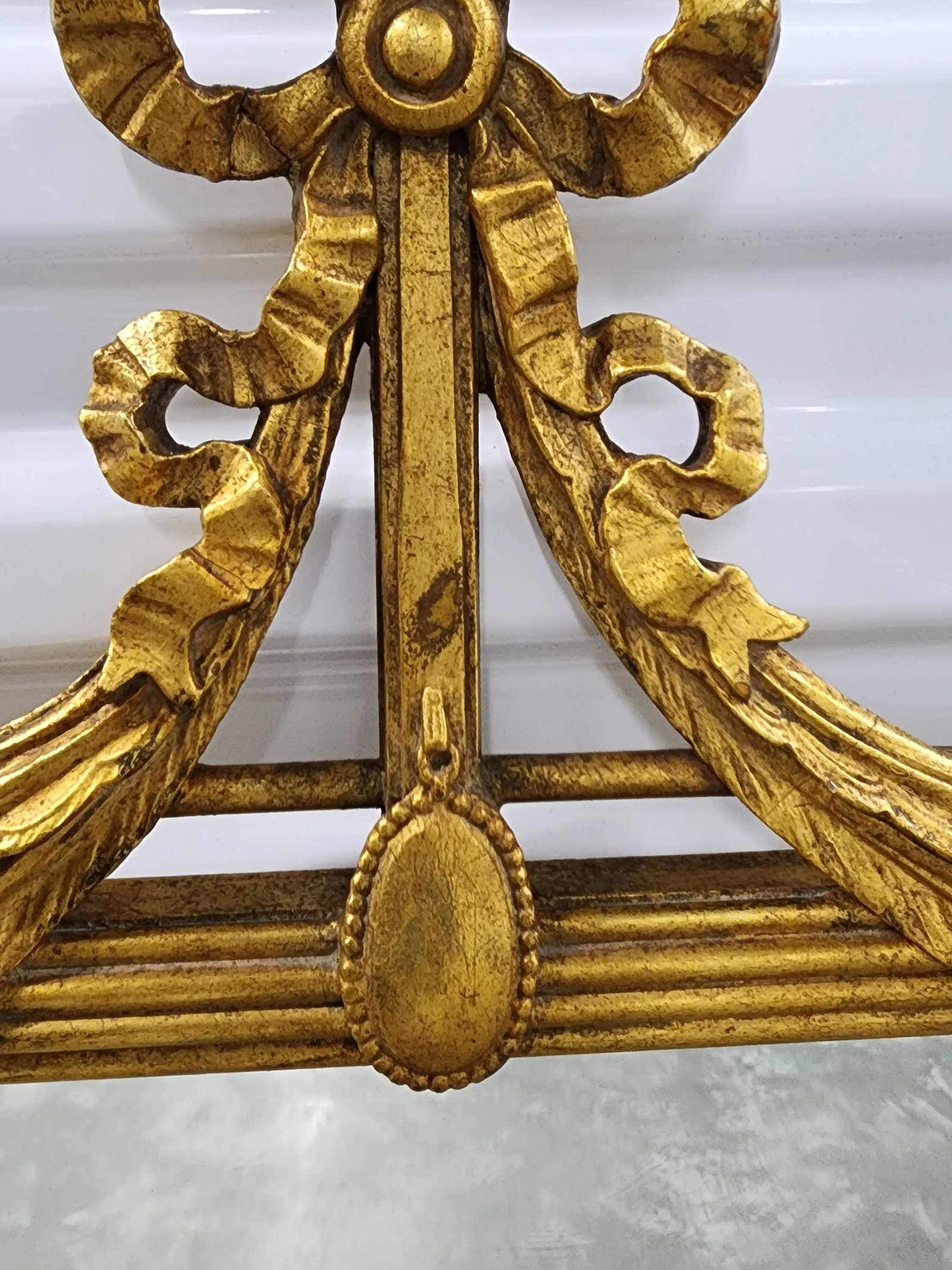 Antique French Giltwood Mirror With Curtains and Bow - 8