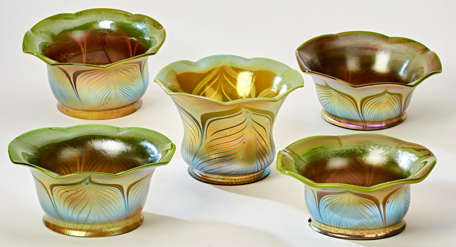 Set of 5 Vintage Art Deco Pulled Feather Design Glass Lamp Shades - 2