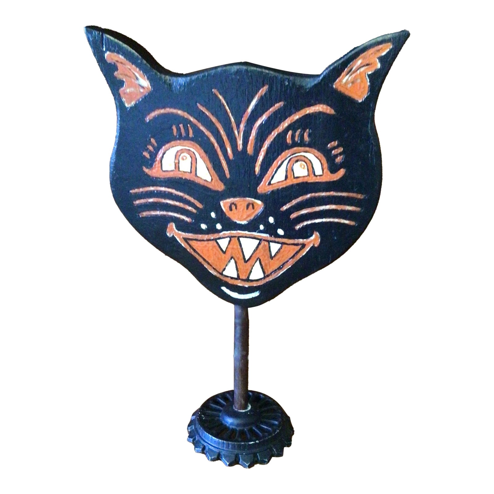 Victorian Folk Art Inspired Halloween Cat: Victorian style one of a kind Halloween cat made from pine on an iron base by a California folk artist. Signed by California Artist. Condition: Alterations: Original Condition Unaltered