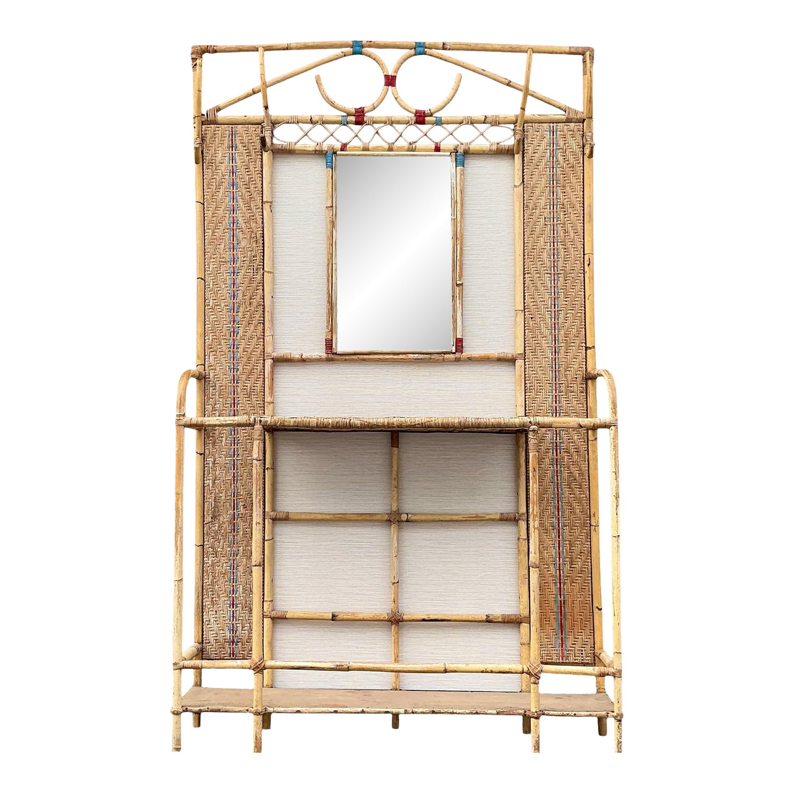 Early 20th-C. French Bamboo, Grasscloth Wallpaper & Wicker Coat Rack or Hall Tree or Coat Rack W/ Mi (1 of 9)