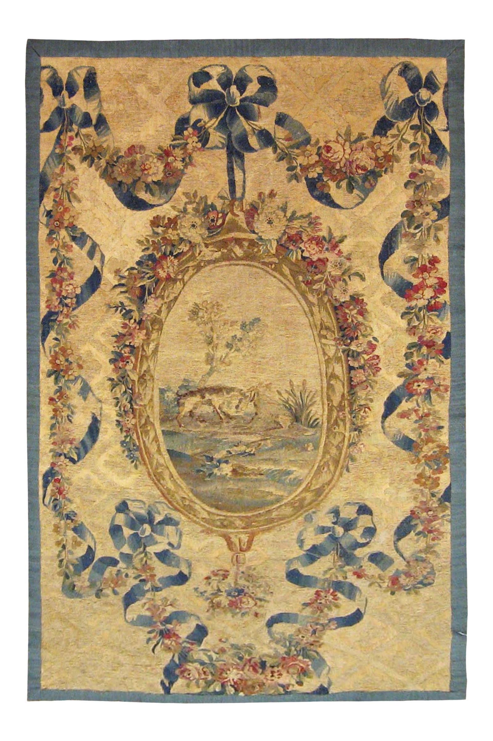 Mid 19th Century Antique French Aubusson Needlepoint Tapestry / Rug - 3'6'' * 6'9'': A consigned antique French Aubusson needlepoint tapestry from the 19th century, featuring an oval pendant at center, which envisions an idyllic landscape. The pendant medallion is surrounded by