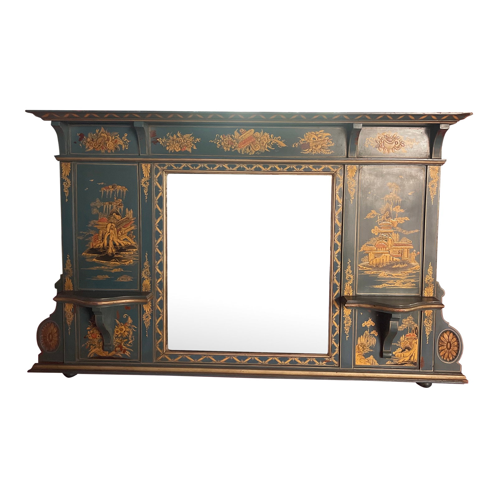 1970s Vintage Chinoiserie Overmantel Mirror With Two Shelves: A vintage blue mirror with gold and red chinoiserie designs and with two small bracket shelves (shelf depth 4"). The mirror has a strong cornice molding and two small attached balls on the bottom.
