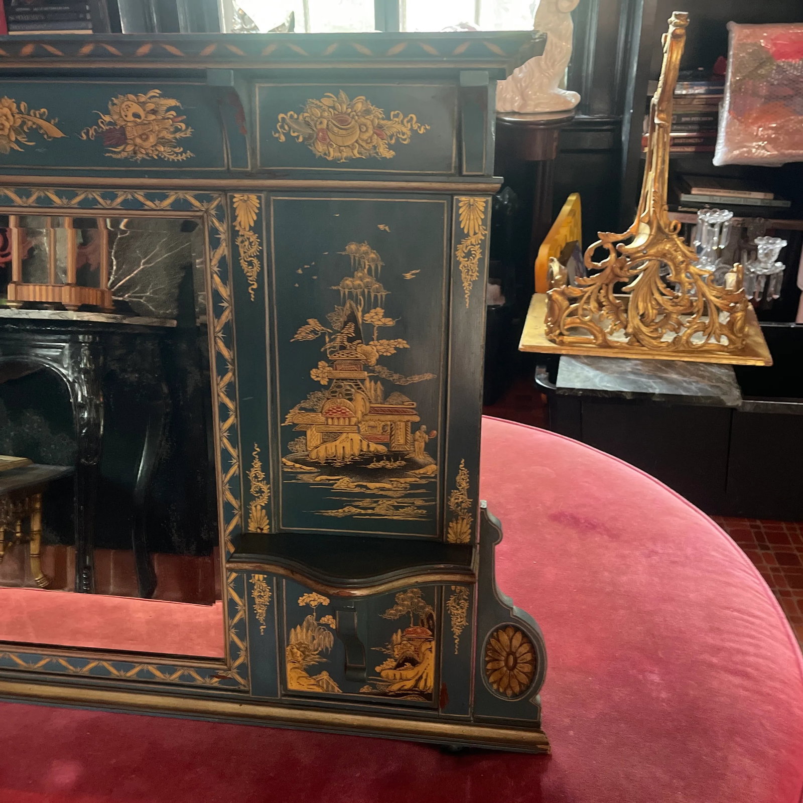 1970s Vintage Chinoiserie Overmantel Mirror With Two Shelves - 2