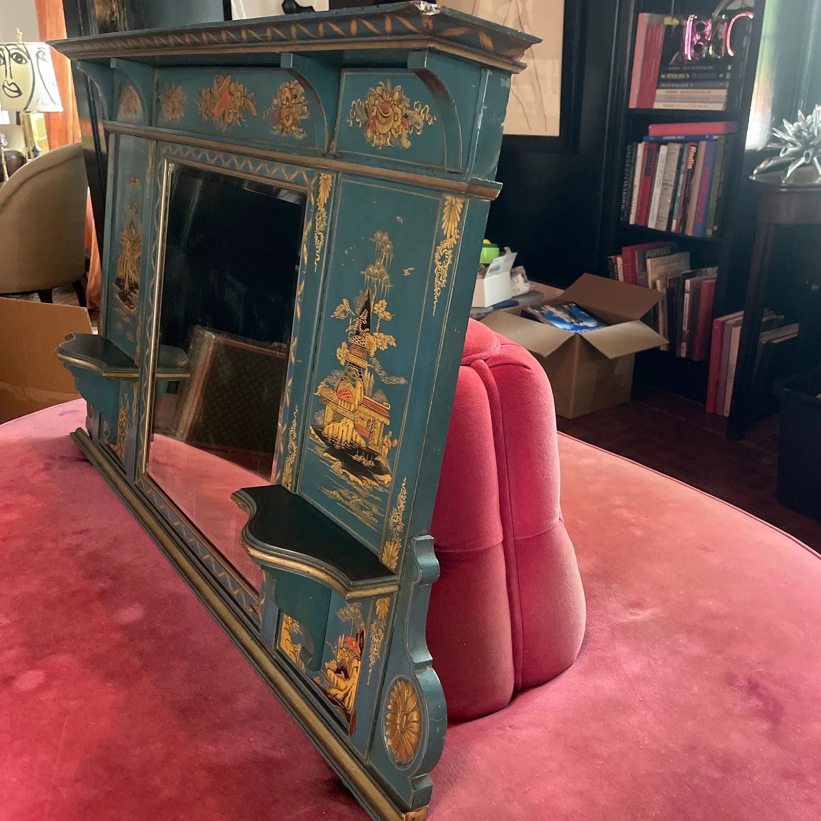 1970s Vintage Chinoiserie Overmantel Mirror With Two Shelves - 3