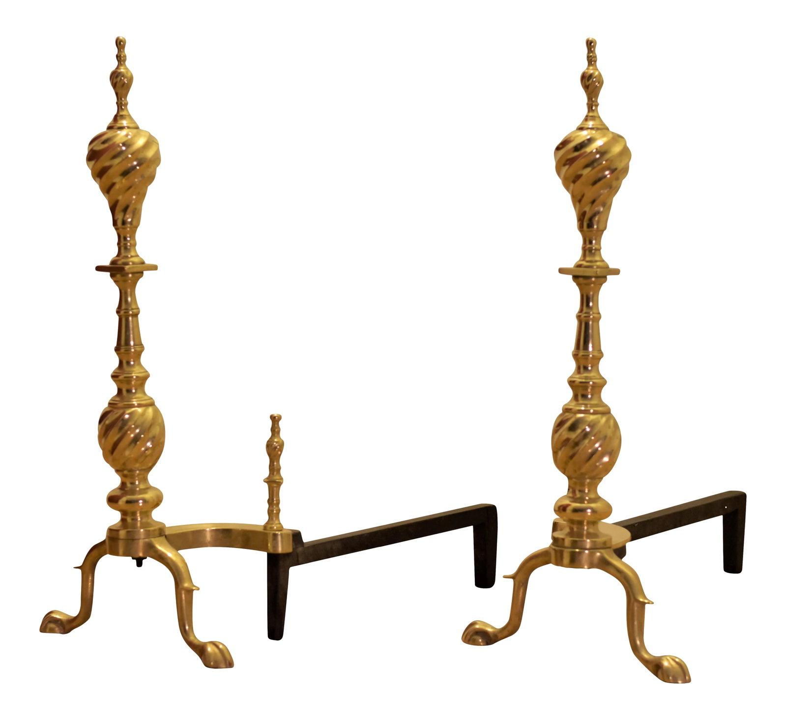 19th Century Victorian Chippendale Spiral Brass Andirons - a Pair: Antique 19th century Victorian Chippendale spiral brass andirons. 9 lbs each. Late 19th century American Victorian spiral Chippendale style solid brass andirons with each having a unique spiral flame 
