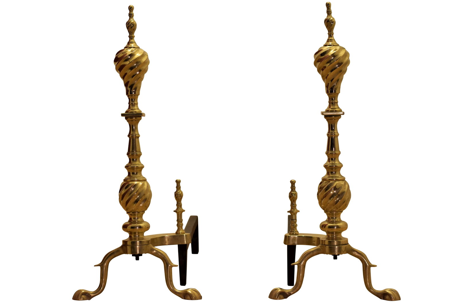 19th Century Victorian Chippendale Spiral Brass Andirons - a Pair - 2