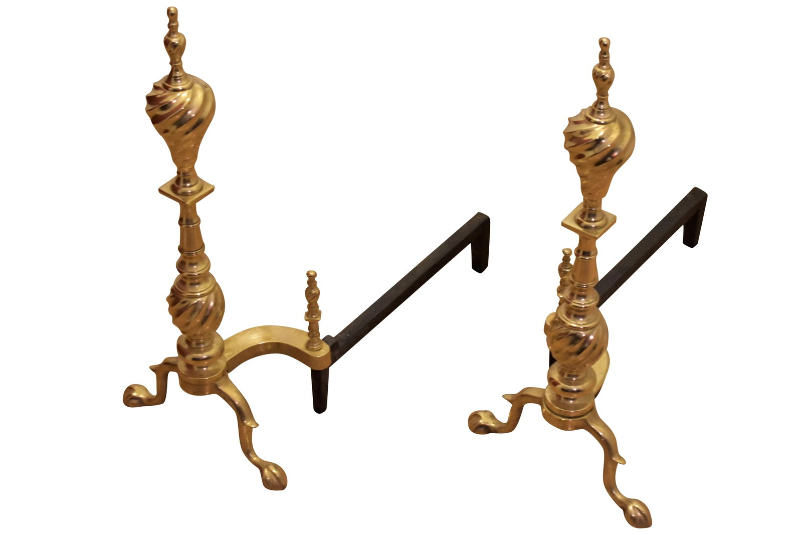 19th Century Victorian Chippendale Spiral Brass Andirons - a Pair - 3
