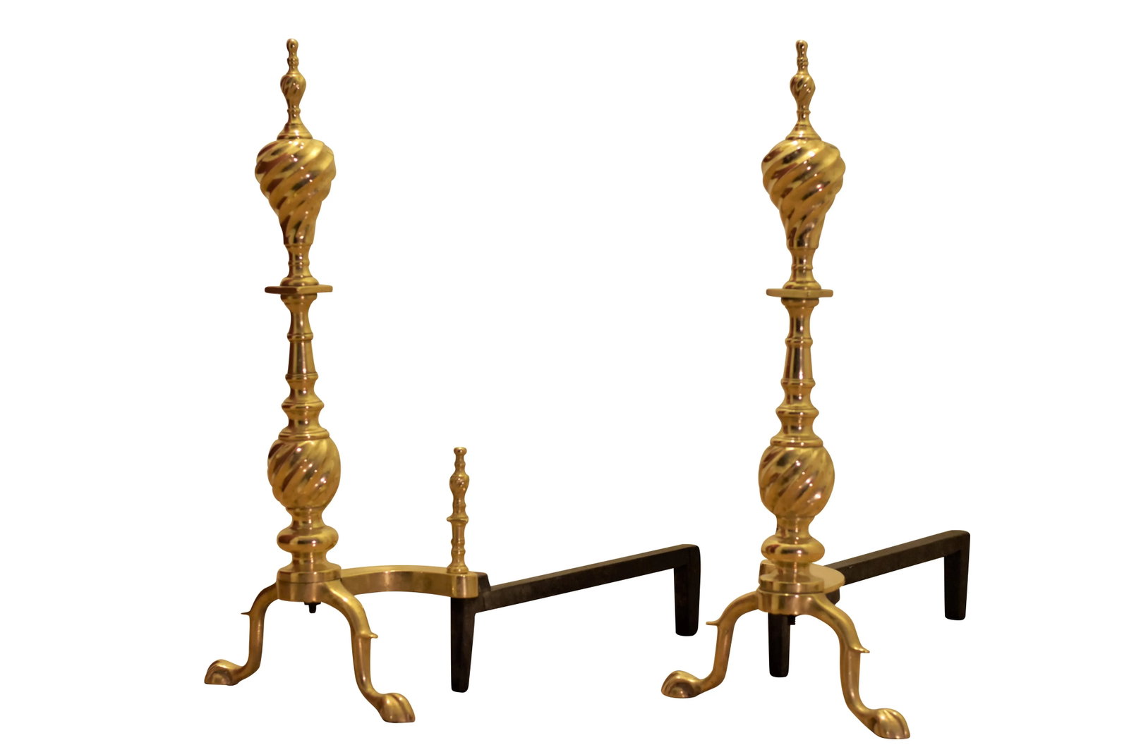 19th Century Victorian Chippendale Spiral Brass Andirons - a Pair - 9