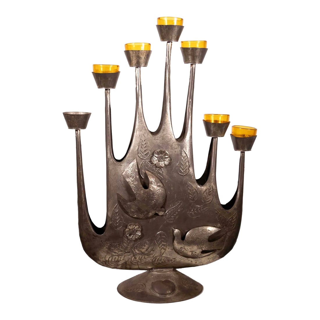 Modernist Gene Bryon Brutalist Hammered Tin Candelabra With Peace Dove & Flower Design, 1968 (1 of 12)