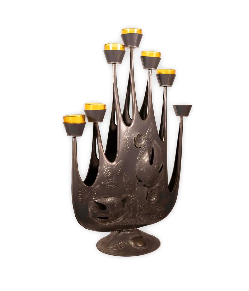 Modernist Gene Bryon Brutalist Hammered Tin Candelabra With Peace Dove & Flower Design, 1968 - 2
