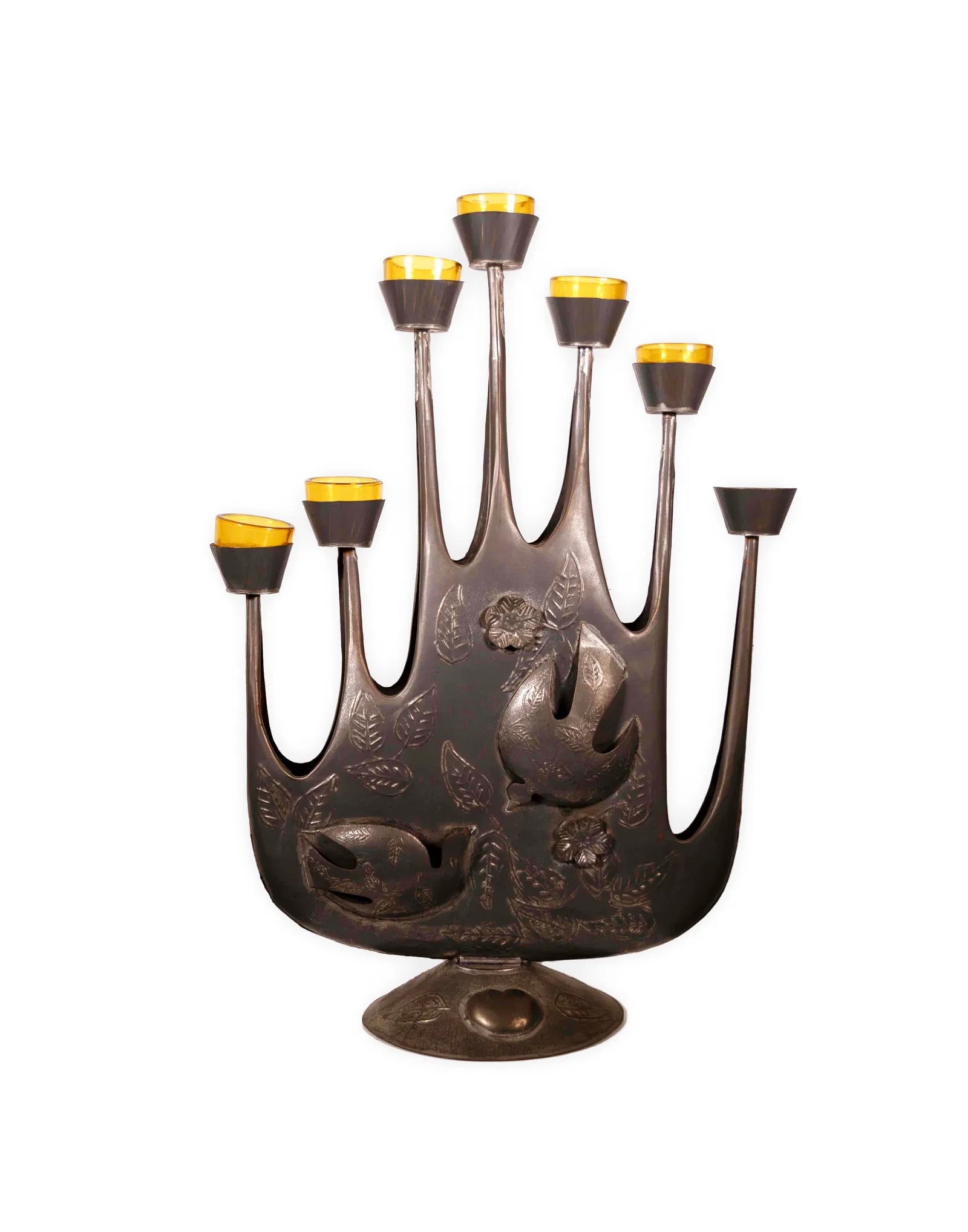 Modernist Gene Bryon Brutalist Hammered Tin Candelabra With Peace Dove & Flower Design, 1968 - 3