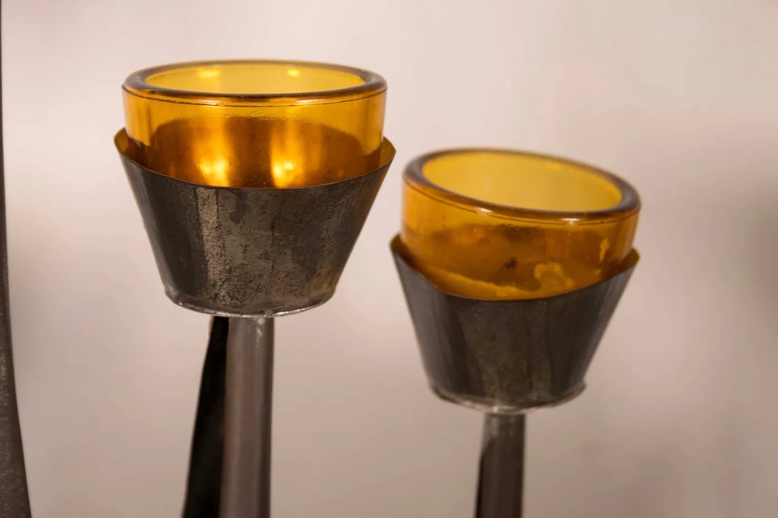 Modernist Gene Bryon Brutalist Hammered Tin Candelabra With Peace Dove & Flower Design, 1968 - 4