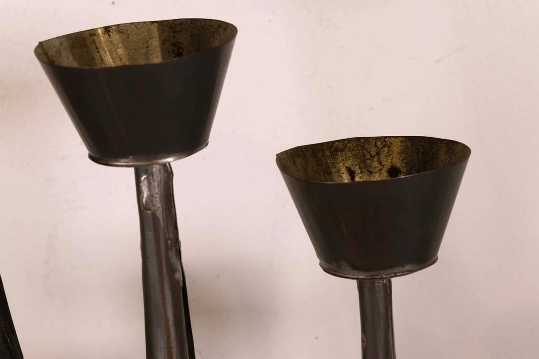 Modernist Gene Bryon Brutalist Hammered Tin Candelabra With Peace Dove & Flower Design, 1968 - 5