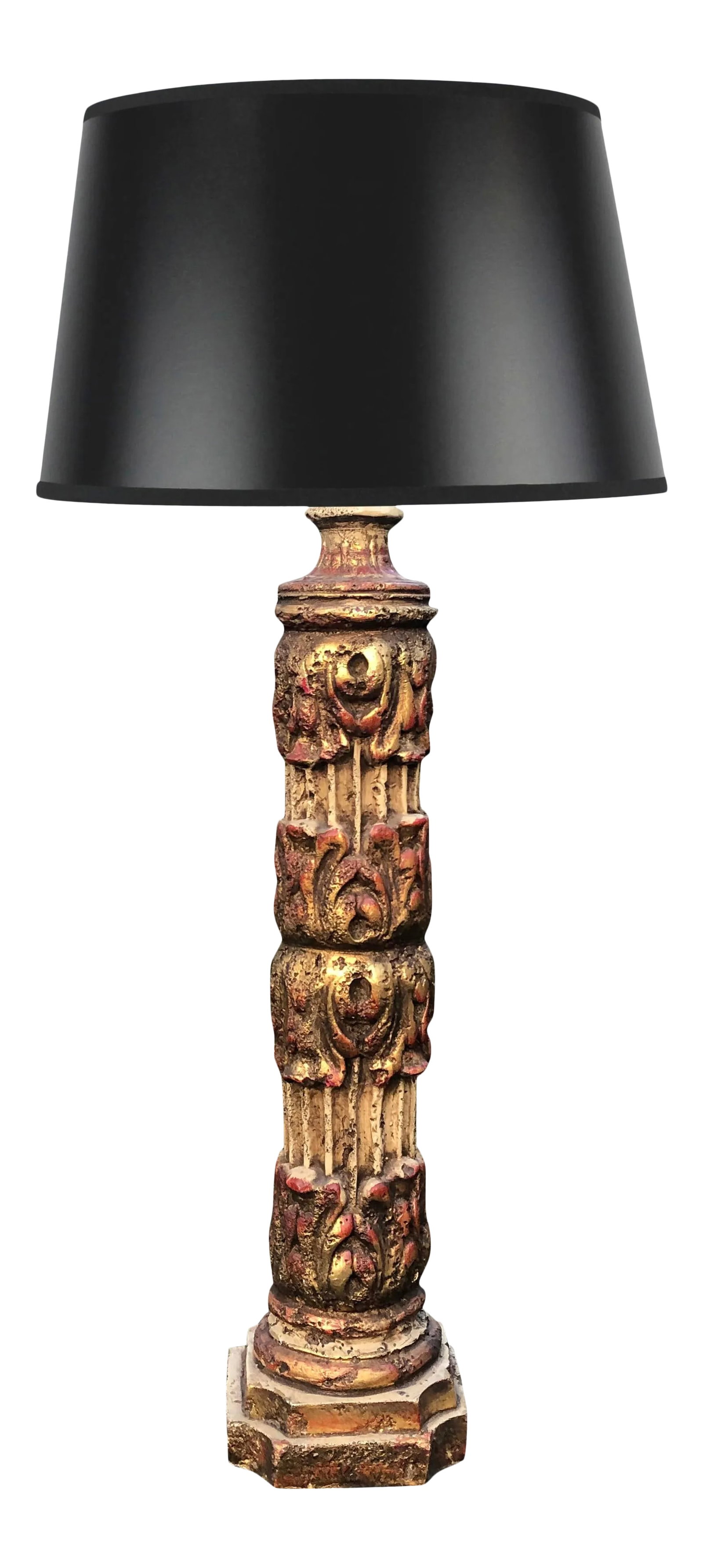 1970s Mid Century Plaster Column Lamp: Mid century 70ish heavy plaster lamp. Tall fluted column with acanthus leaves and colors of brown, orange and gold highlights. Lamp base is 8"x 8" measures 40" to top of finial, 33" to top of socket.