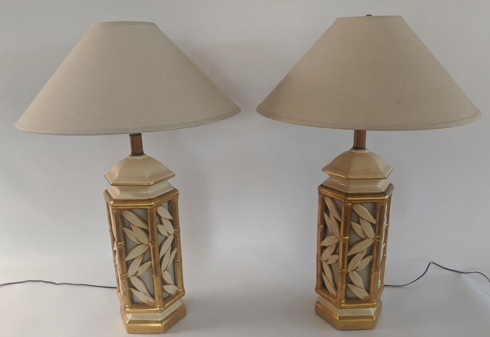 Vintage Hollywood Regency Ceramic Faux Bamboo Gilt Lamps - a Pair - 2