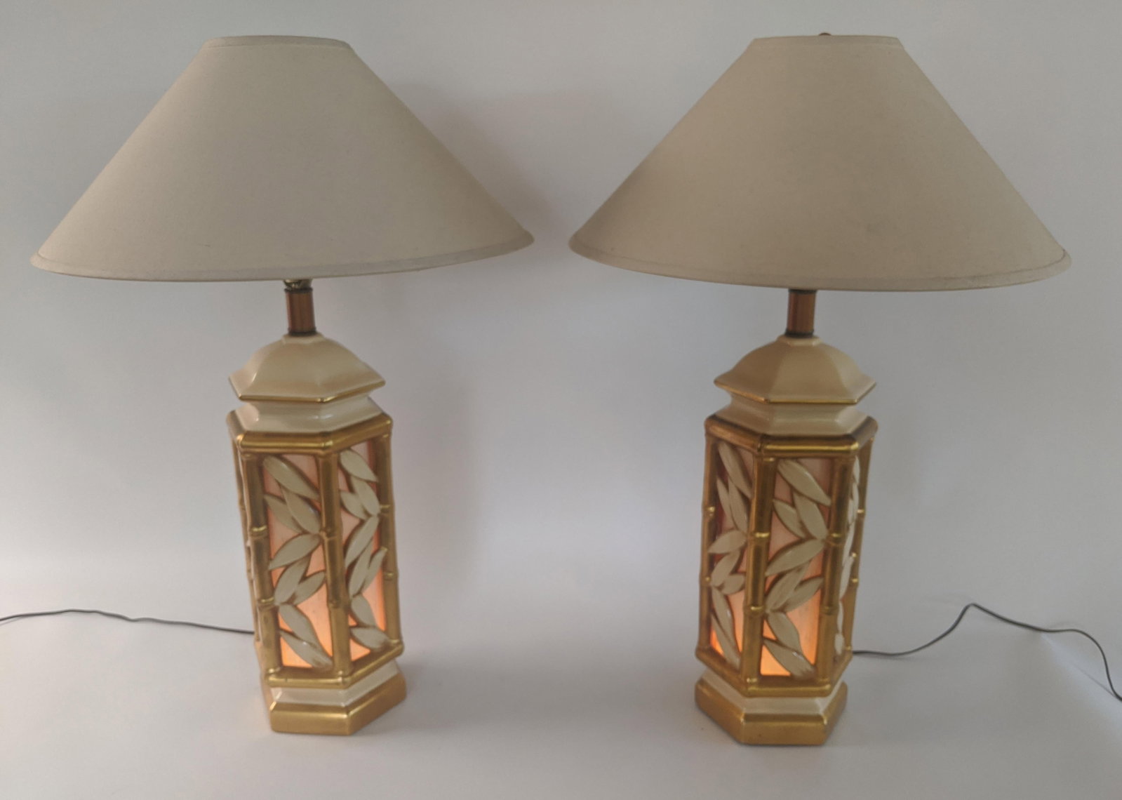 Vintage Hollywood Regency Ceramic Faux Bamboo Gilt Lamps - a Pair - 3
