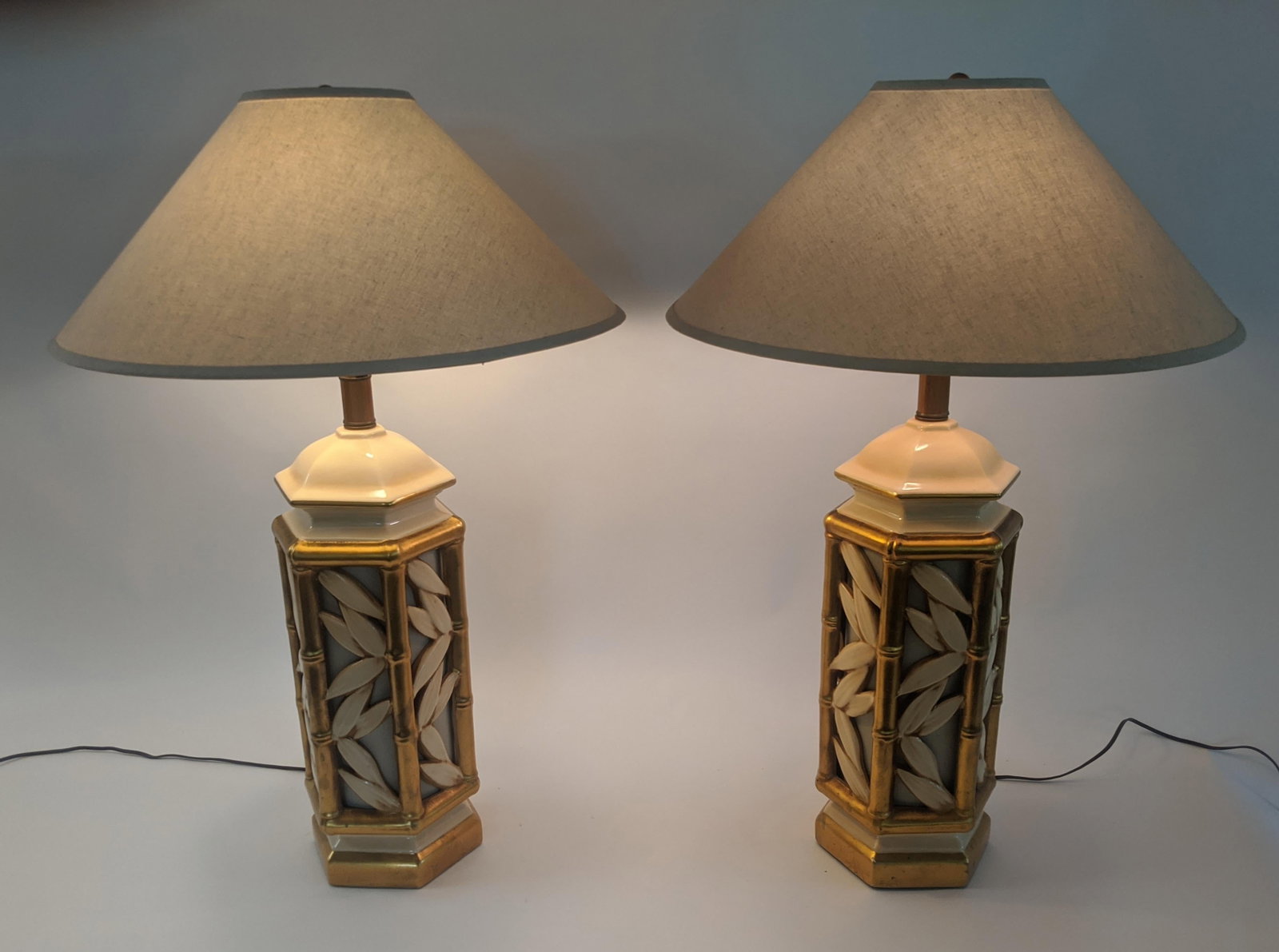 Vintage Hollywood Regency Ceramic Faux Bamboo Gilt Lamps - a Pair - 4