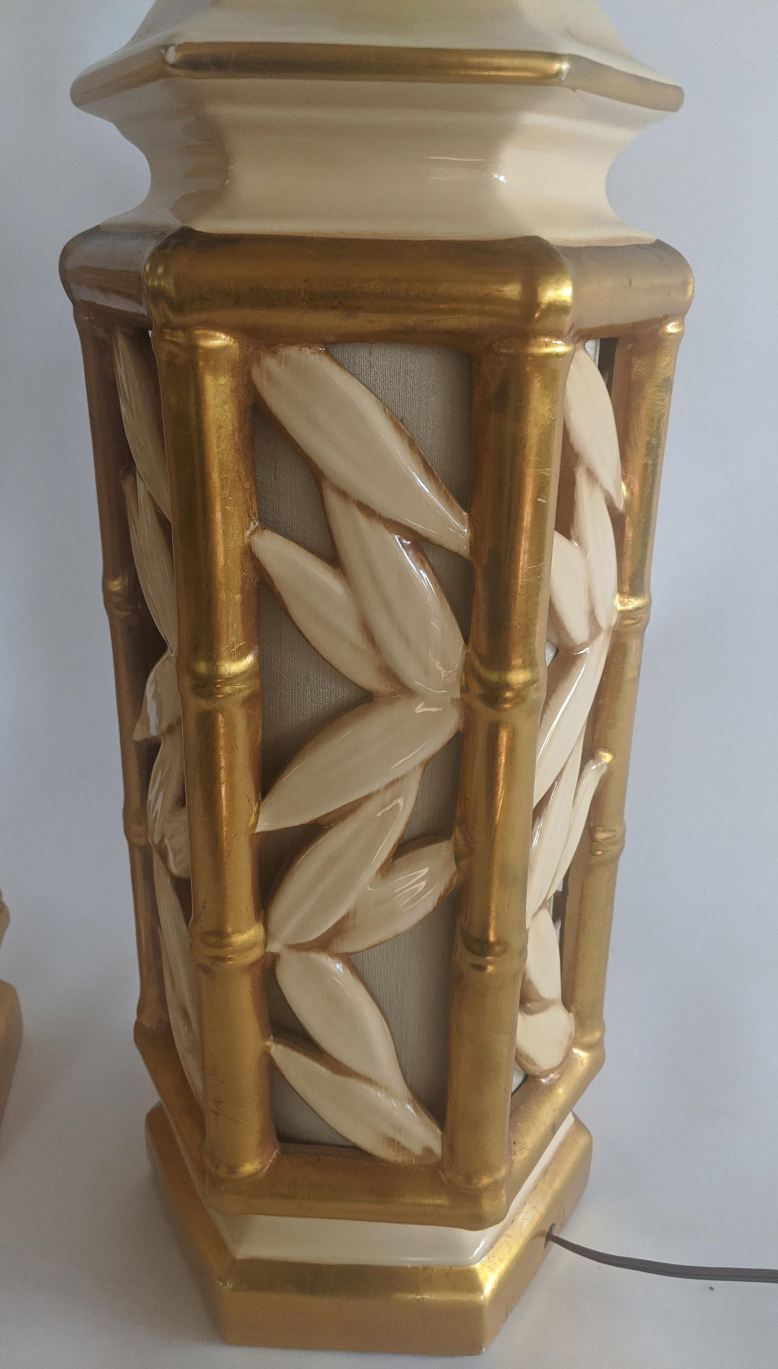 Vintage Hollywood Regency Ceramic Faux Bamboo Gilt Lamps - a Pair - 6