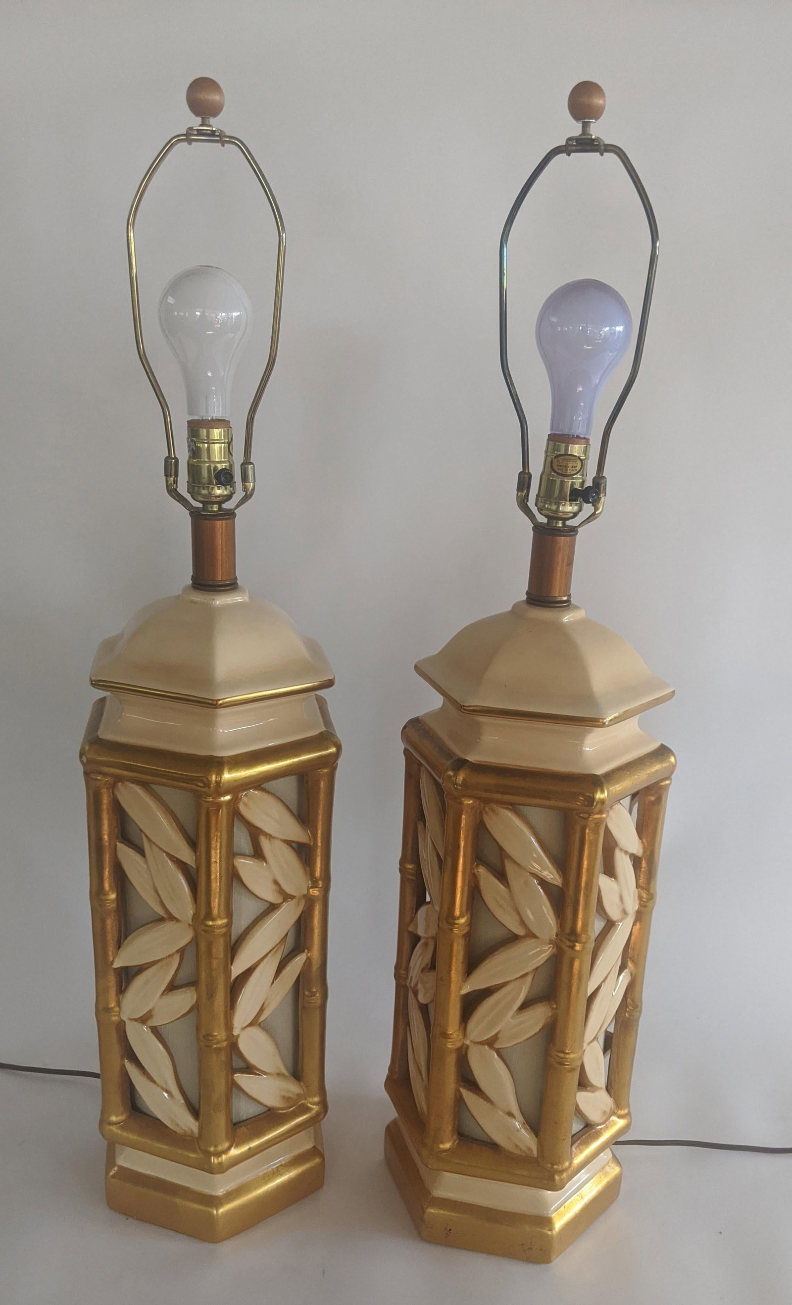 Vintage Hollywood Regency Ceramic Faux Bamboo Gilt Lamps - a Pair - 8