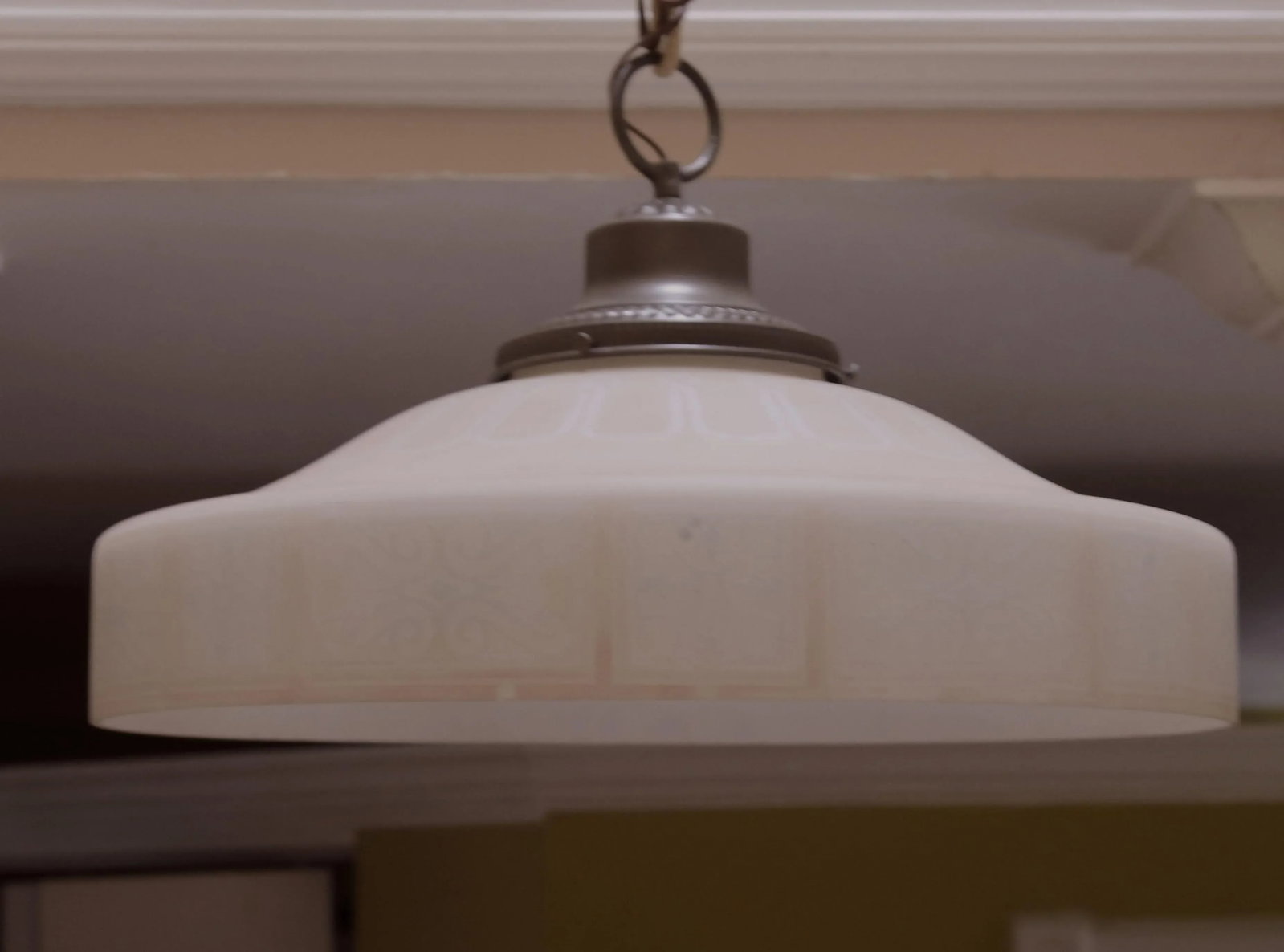 Art Nouveau Antique Milk Glass Stenciled Pendant in Light Tan - 2