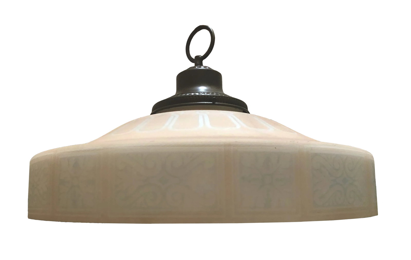 Art Nouveau Antique Milk Glass Stenciled Pendant in Light Tan - 3