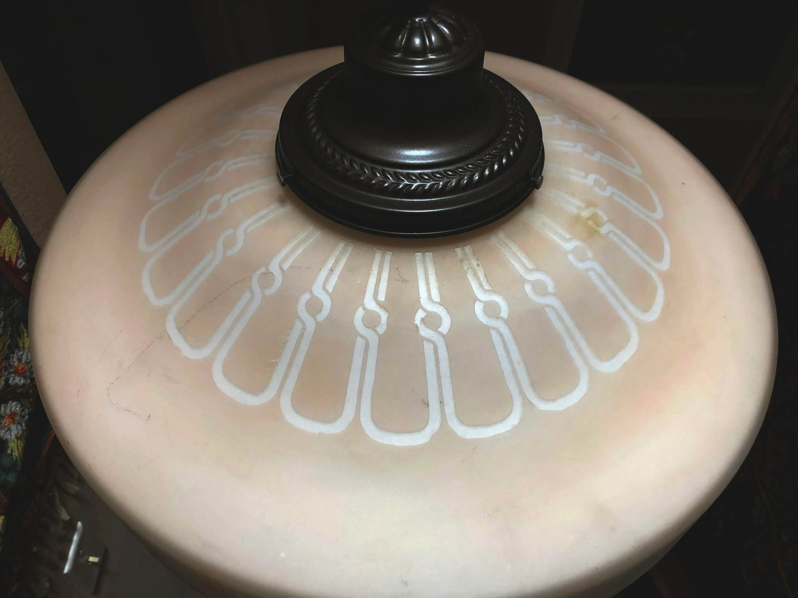 Art Nouveau Antique Milk Glass Stenciled Pendant in Light Tan - 4